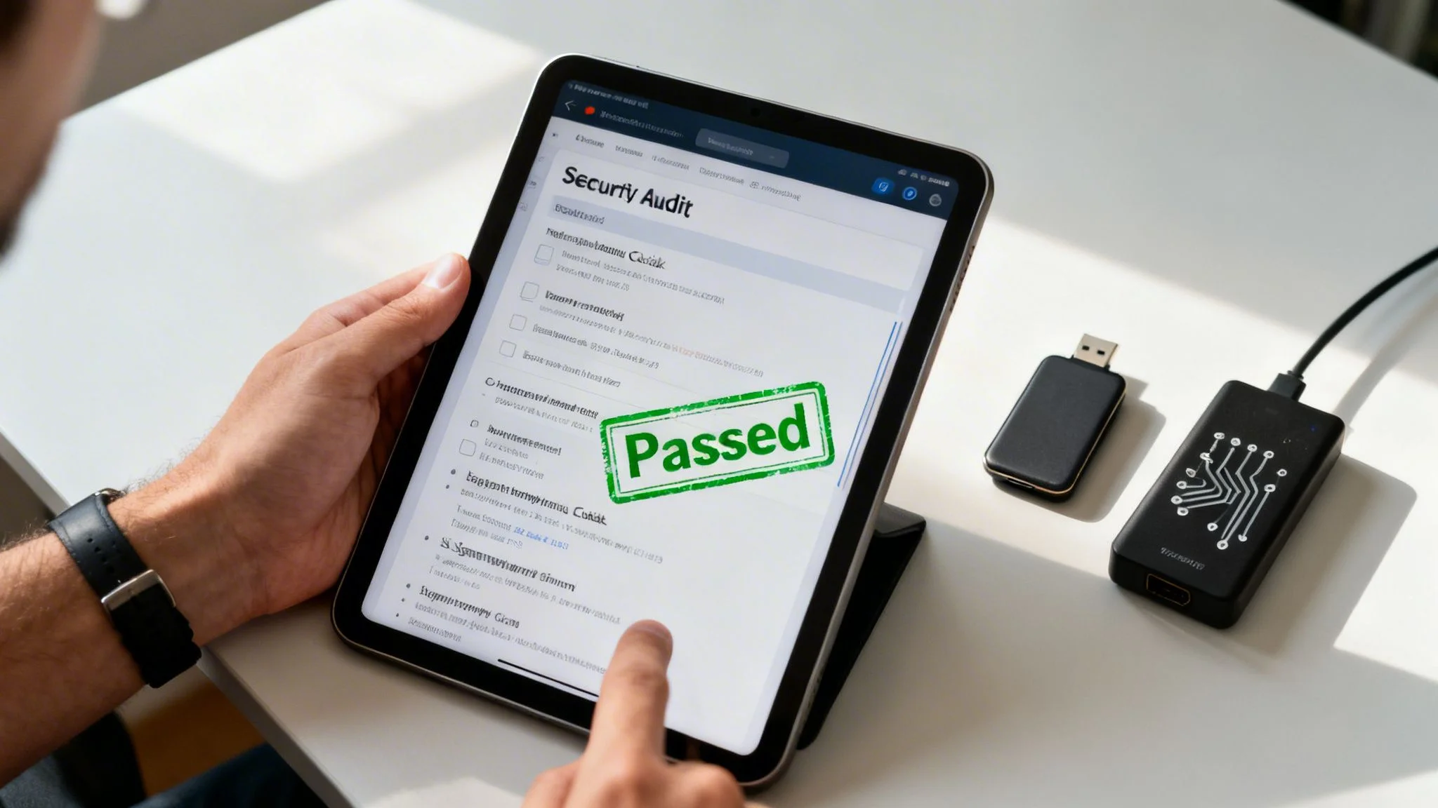 Hands holding a tablet displaying a 'Security Audit Passed' screen next to USB security hardware.