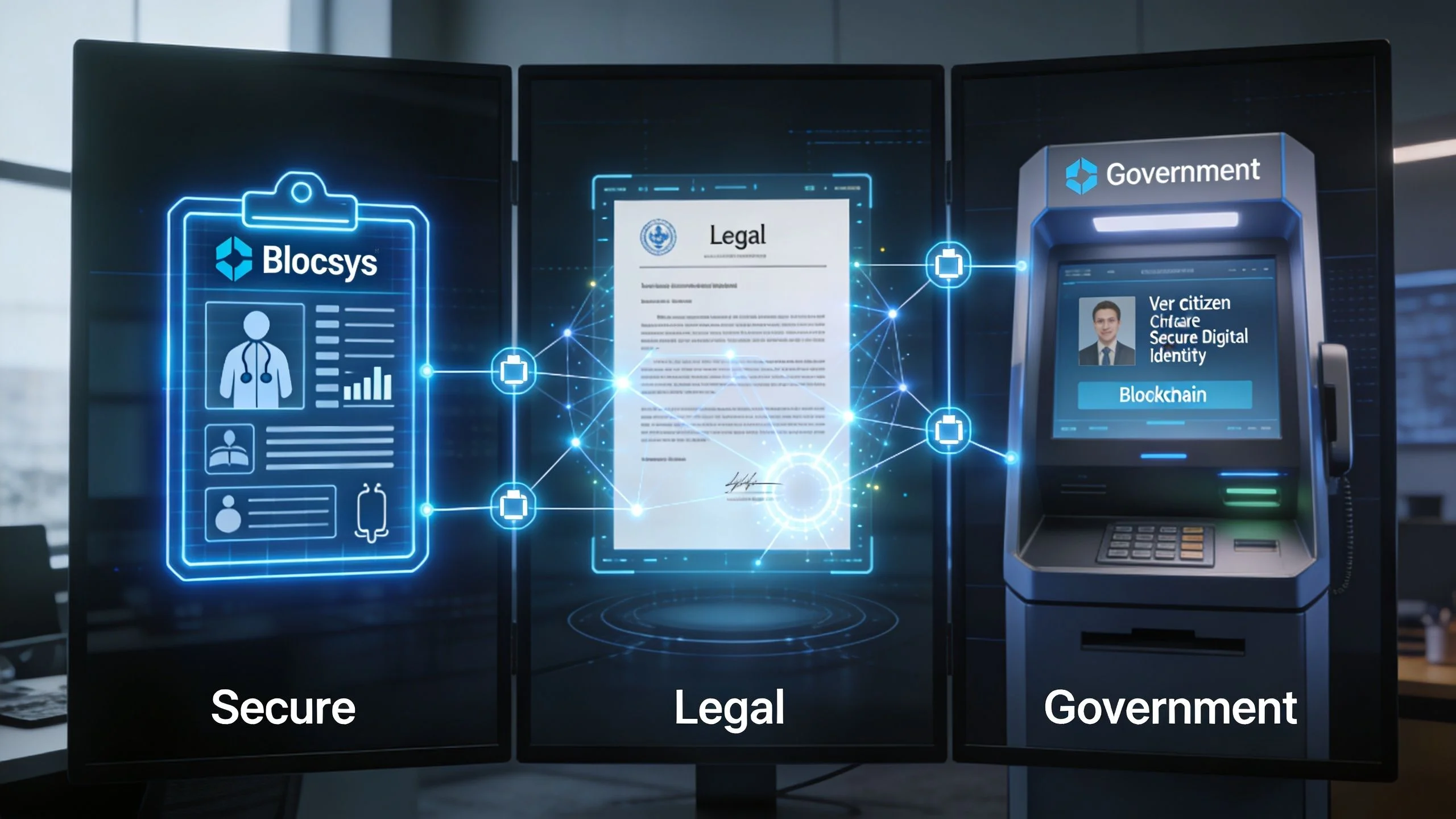 A digital graphic showing Blockchain-based document verification connecting healthcare records, legal contracts, and government digital identity systems.