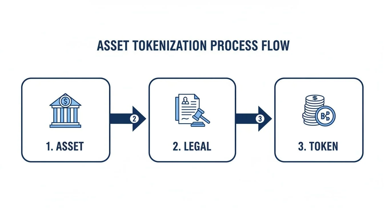Flowchart illustrating the three-step asset tokenization process from physical asset to digital token.