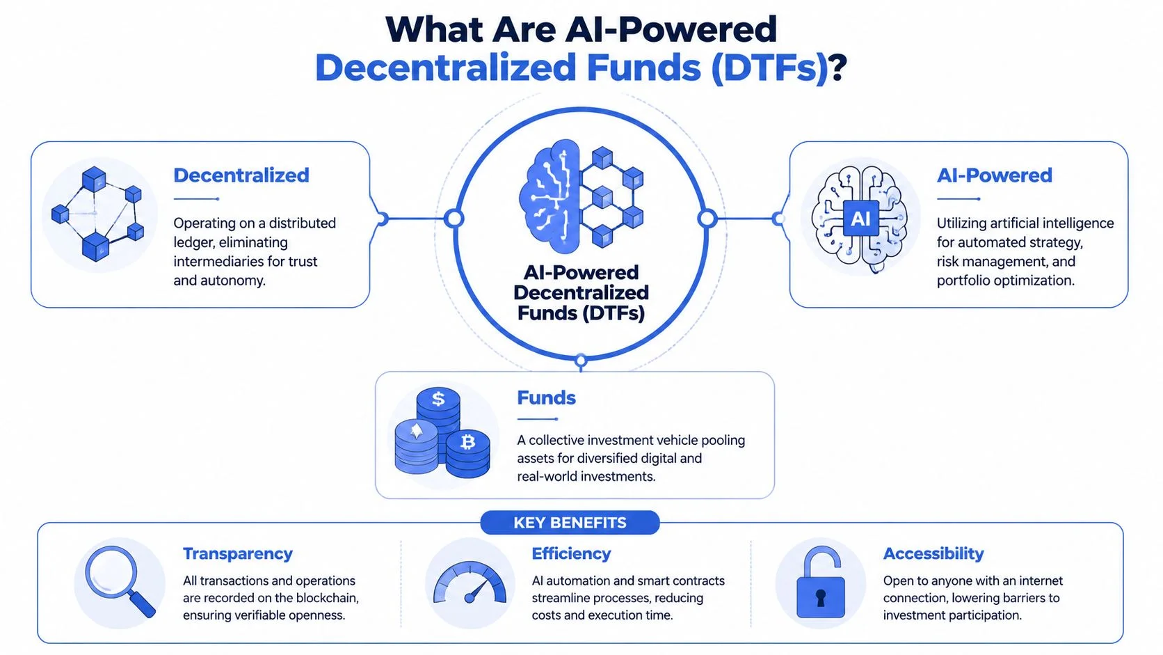 An infographic explaining the core components and benefits of AI-Powered Decentralized Funds, including transparency, efficiency, and accessibility.