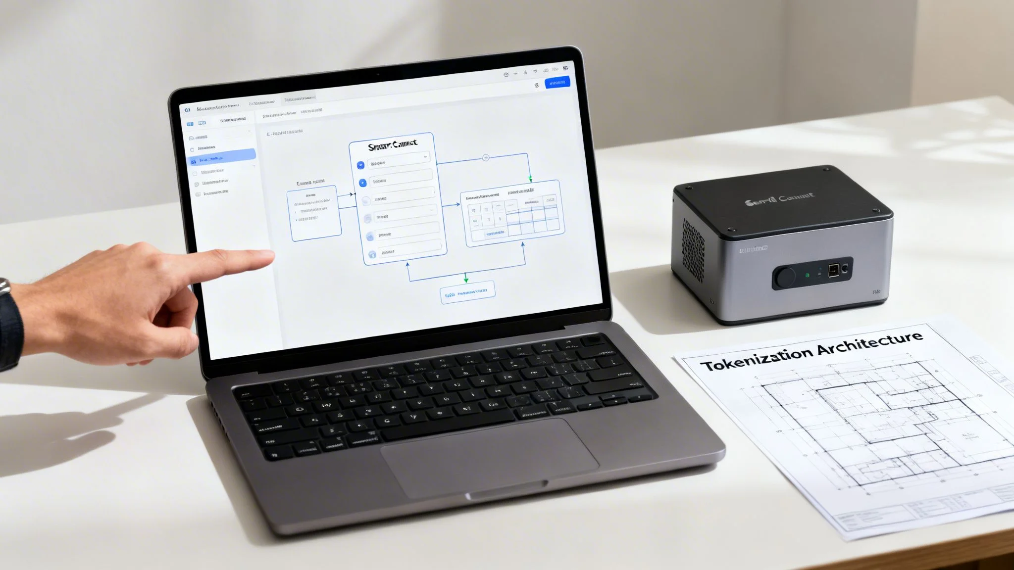 A person's hand points to a laptop displaying 'Smart Connect' software, next to a device and 'Tokenization Architecture' blueprint.