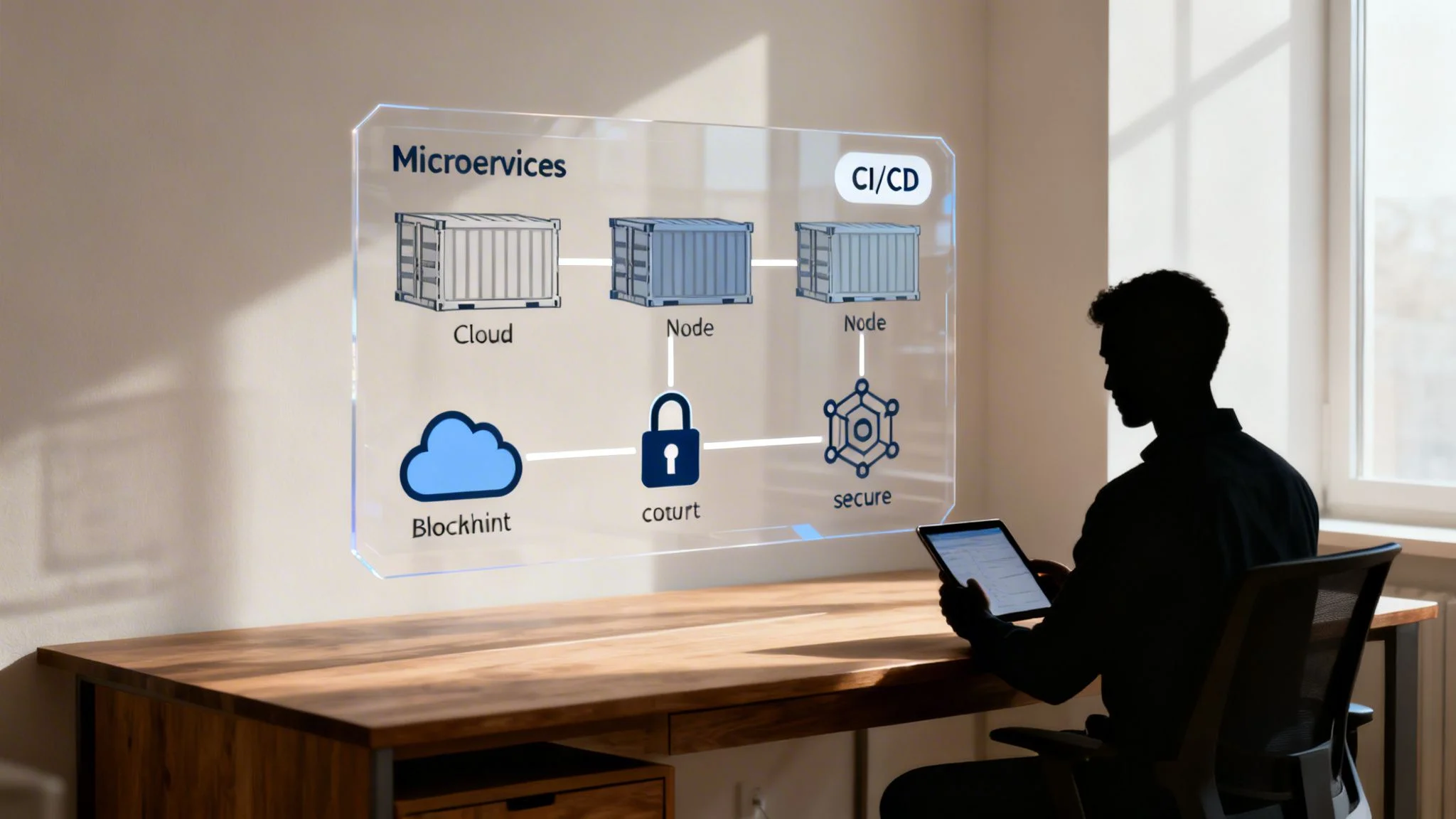 Man views a holographic display illustrating microservices architecture, CI/CD, cloud, and security concepts.