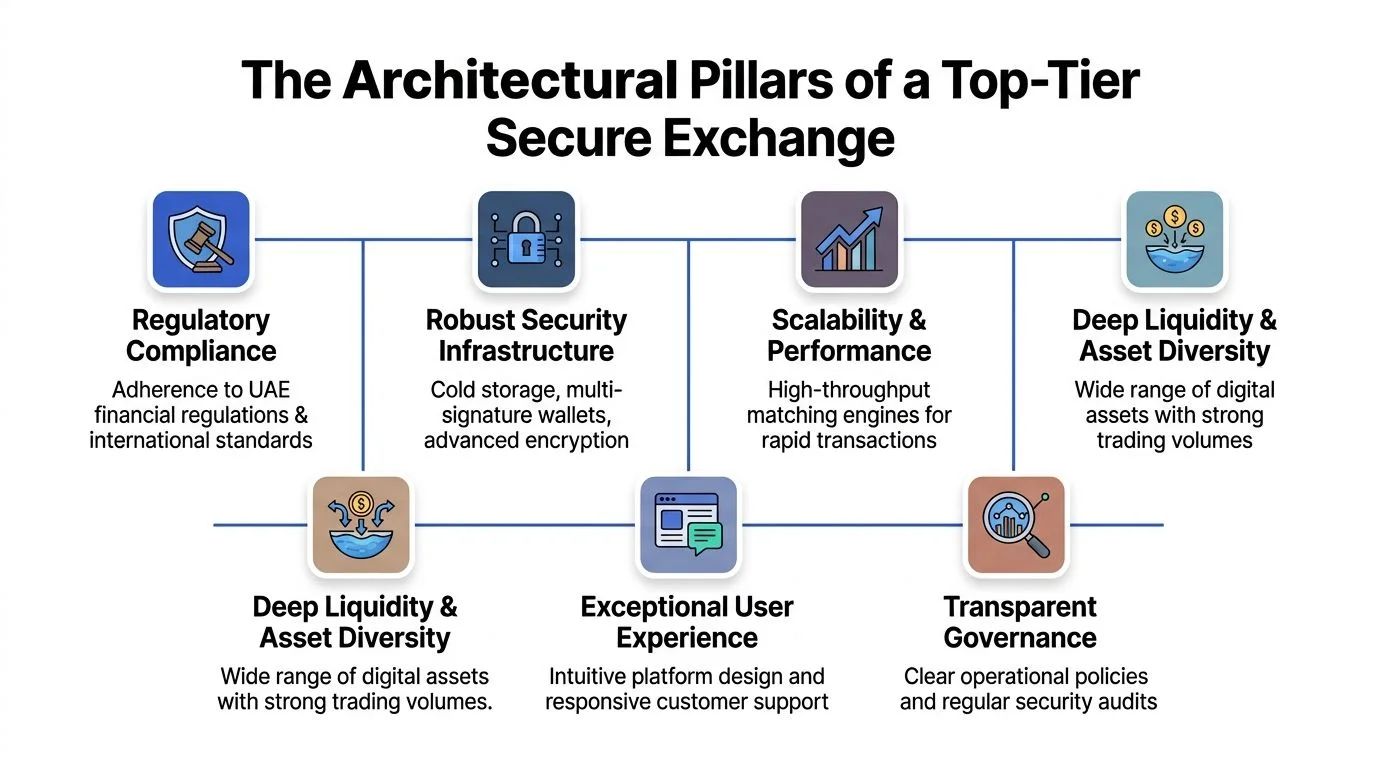 A diagram outlining the key architectural pillars for building a secure and compliant digital exchange platform.