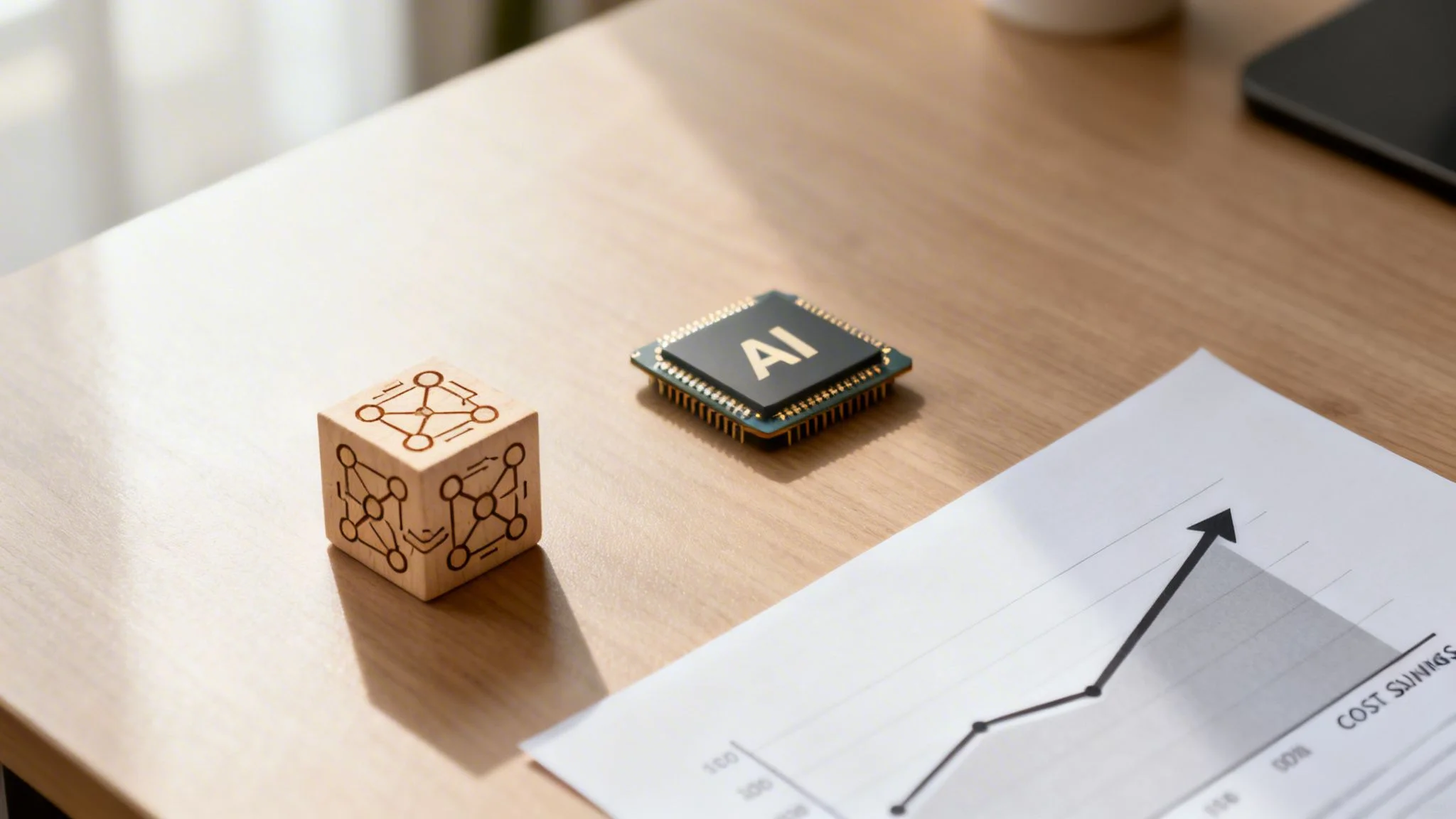 An AI chip and neural network cube on a desk next to a 'cost savings' graph.