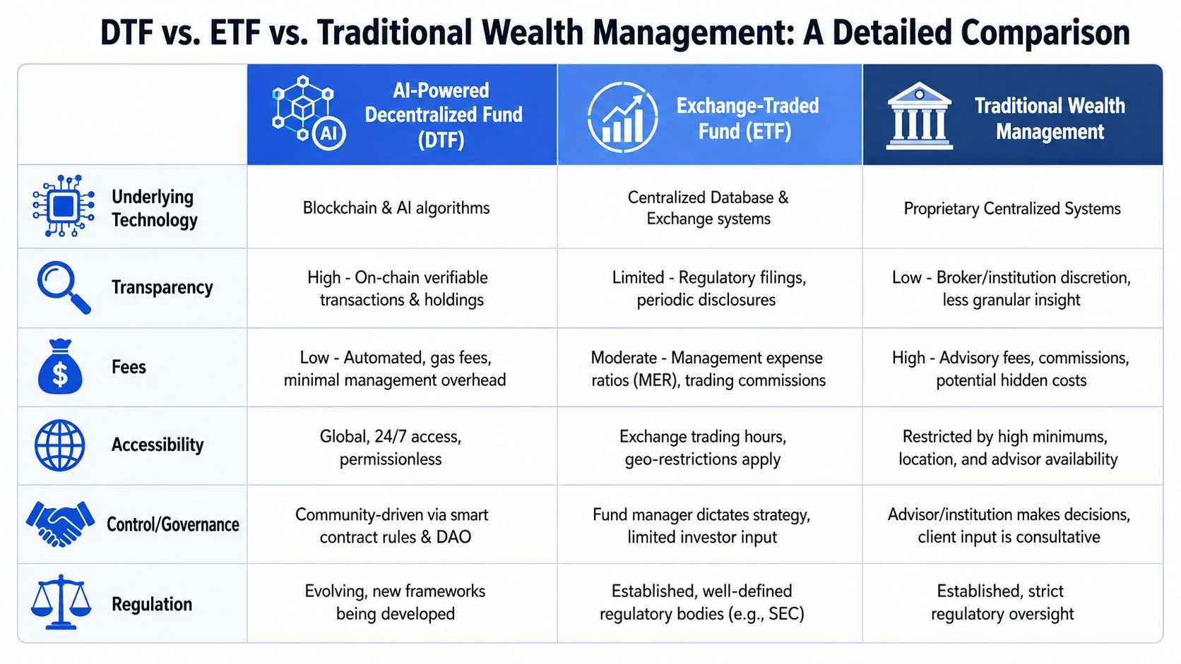 A comparison table outlining key differences between AI-powered decentralized funds, traditional ETFs, and conventional wealth management services.