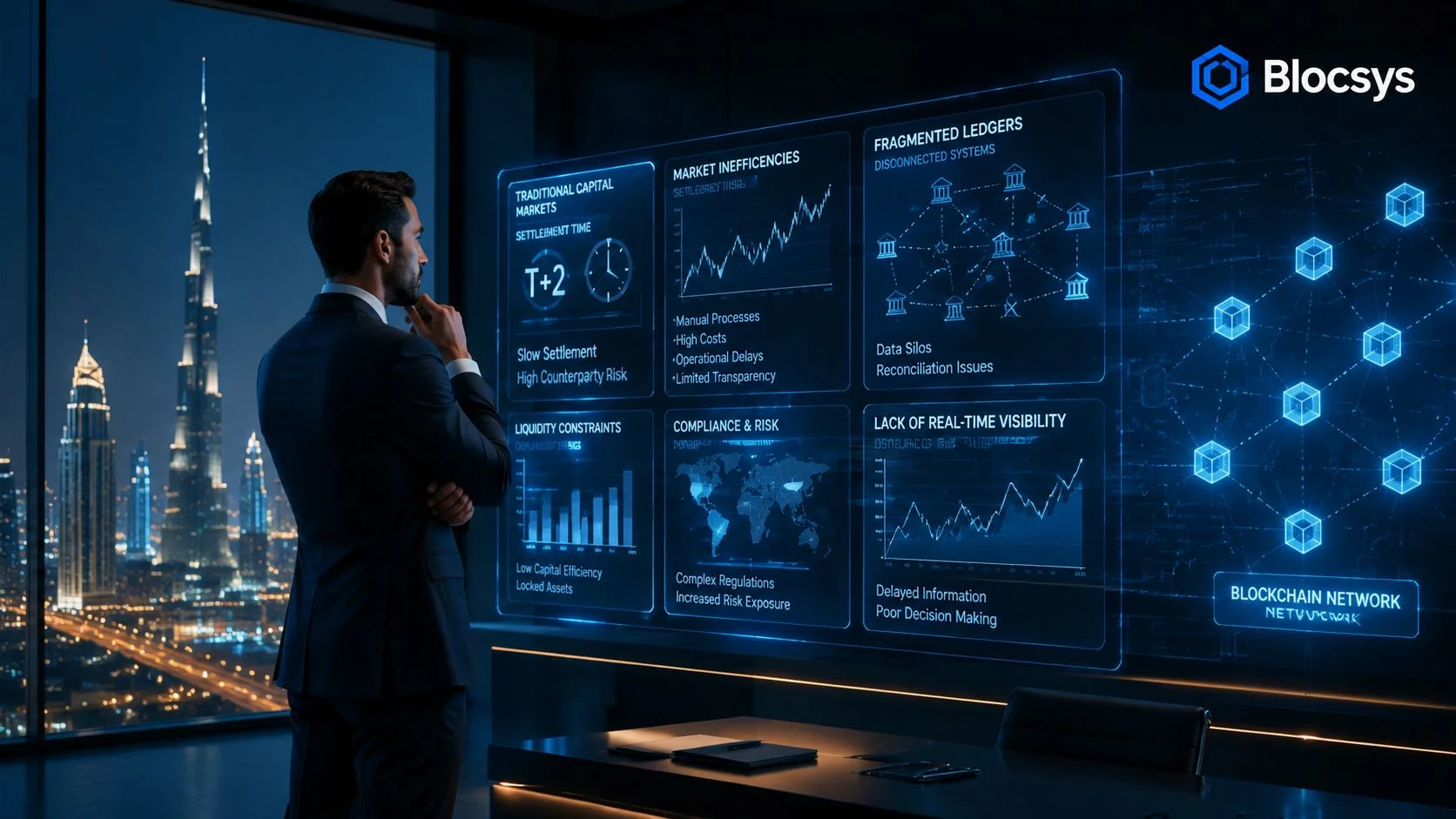 A professional man overlooking a Dubai skyline while viewing digital dashboard displays about financial market inefficiencies.