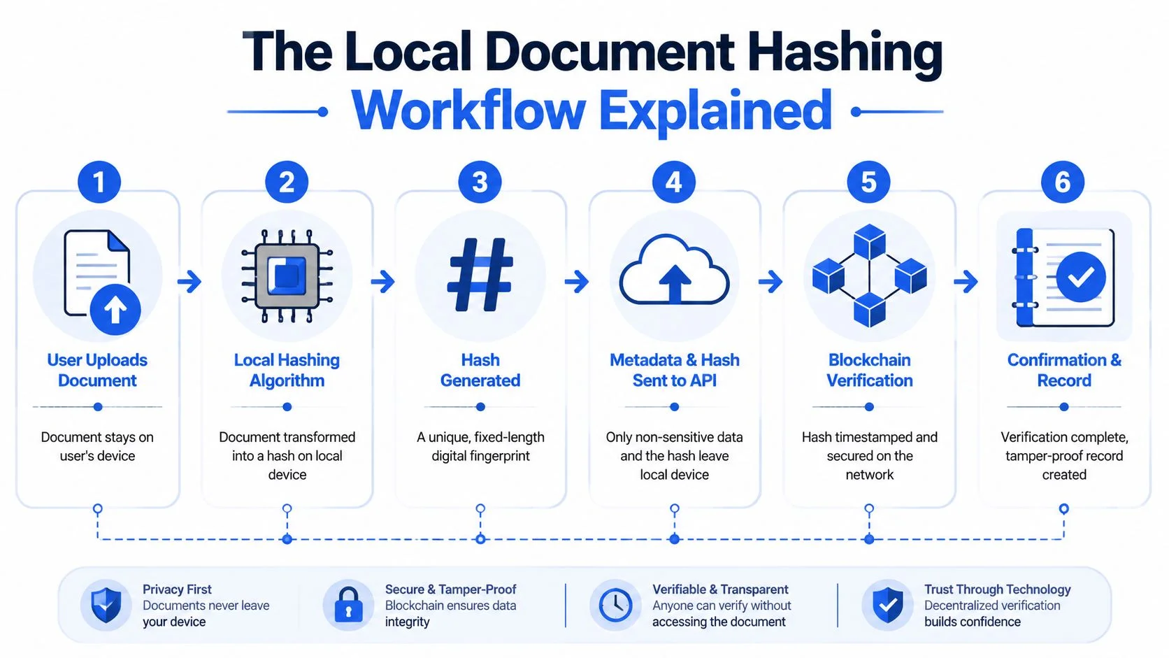 A six-step infographic illustrating the secure local document hashing workflow for blockchain-based verification.