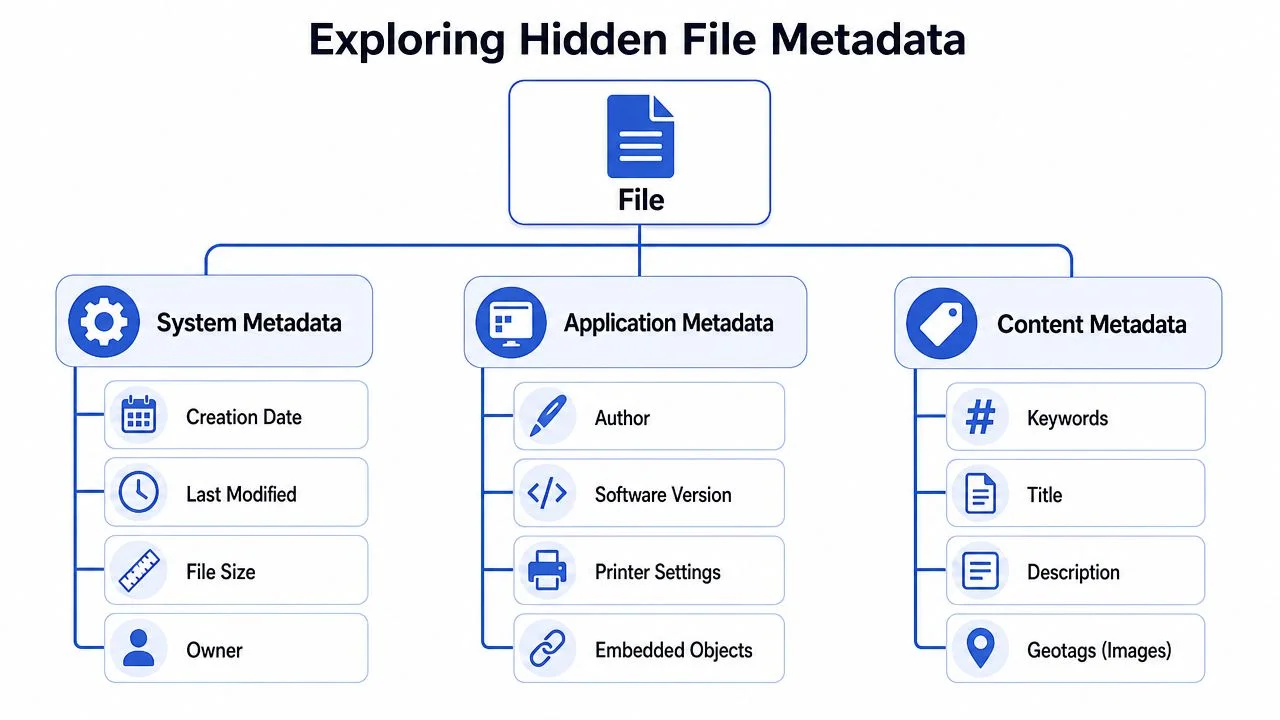 A diagram categorizing file metadata into three types: system, application, and content, illustrating various hidden data attributes.
