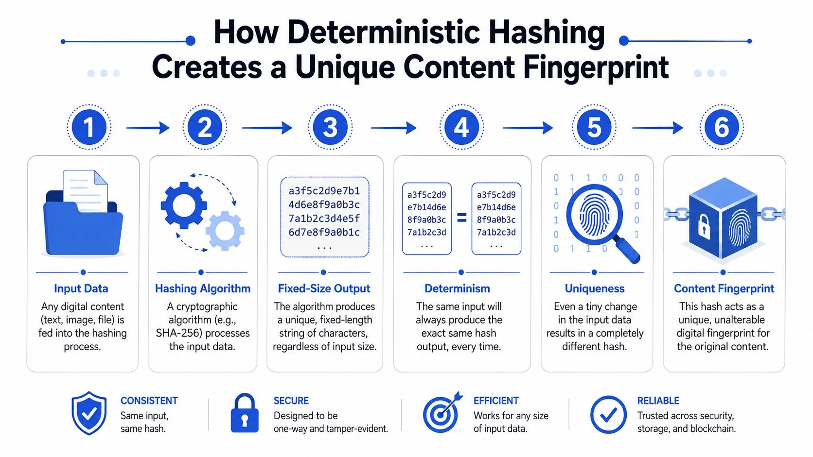 A six-step infographic illustrating how deterministic hashing transforms digital input data into a unique content fingerprint.