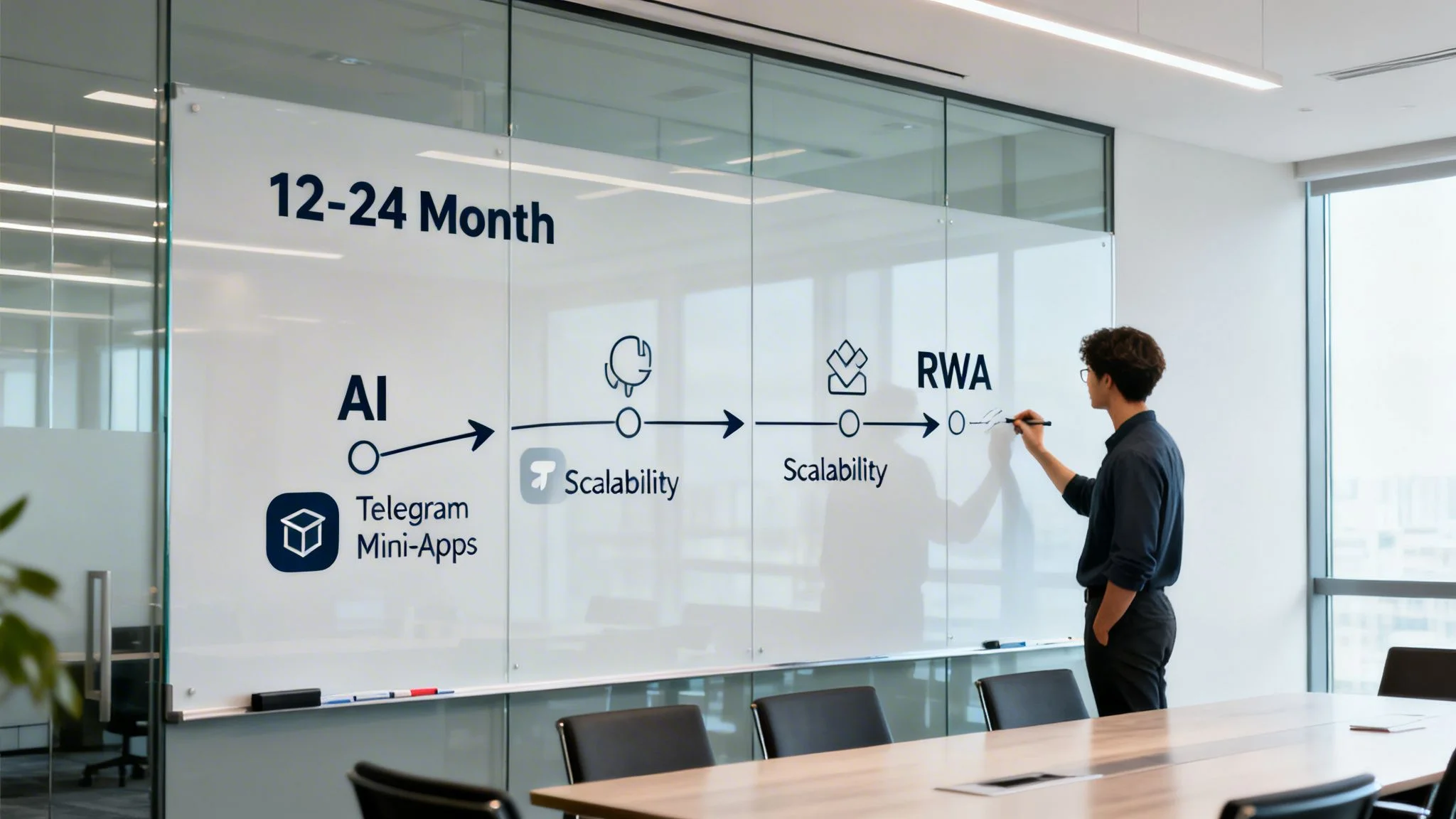 Man writing on a whiteboard detailing a 12-24 month tech roadmap for AI, Telegram, and RWA.