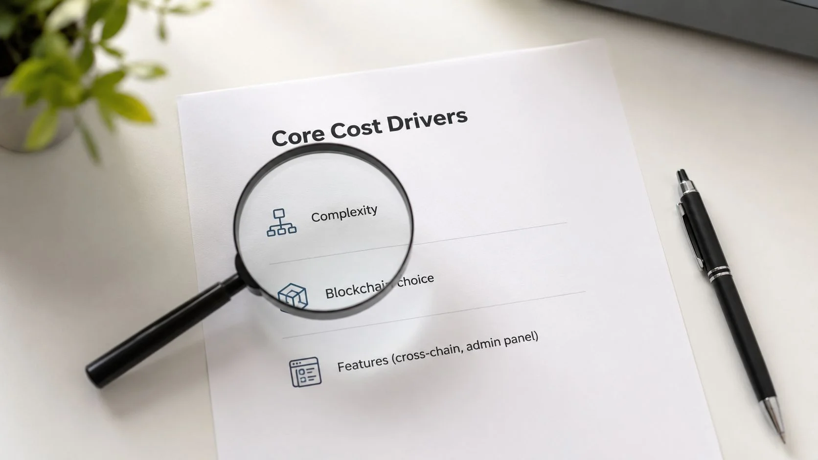 A magnifying glass placed over a printed document detailing core blockchain development cost drivers on a desk.