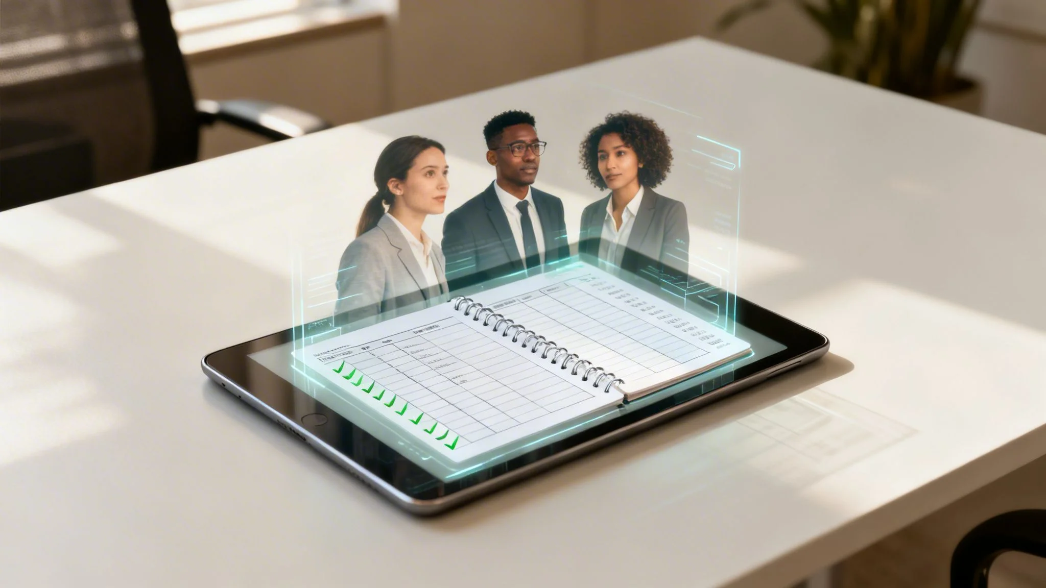Holographic projection of three business professionals and a digital ledger on a tablet.