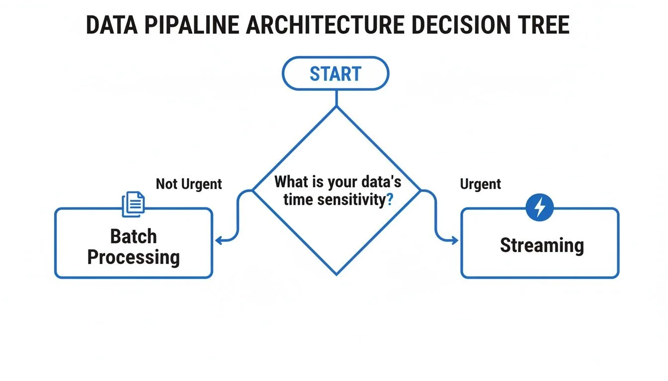 A data pipeline architecture decision tree illustrating the choice between batch processing and streaming based on data time sensitivity.