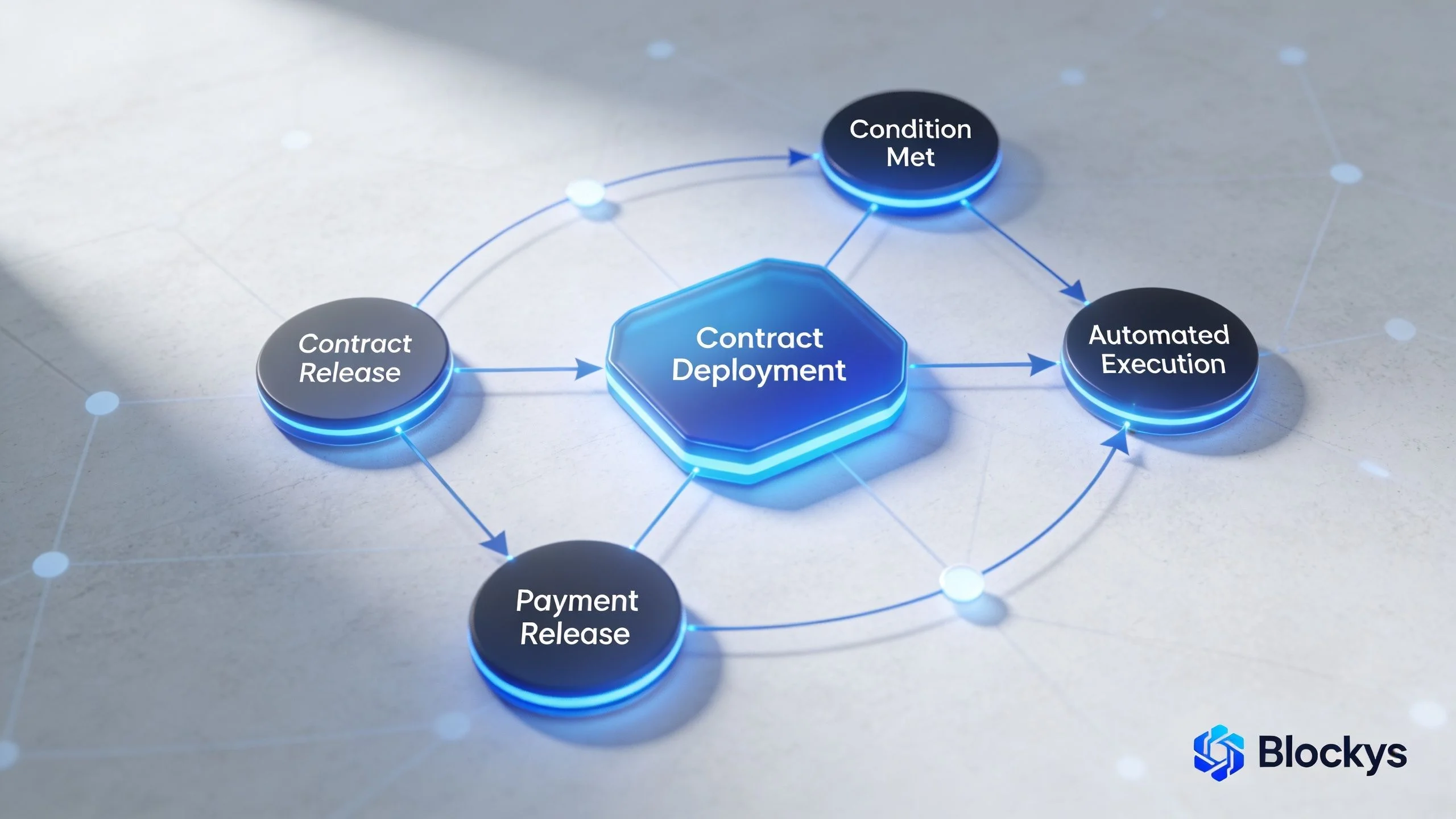 A digital diagram showing the lifecycle of smart contract deployment with interconnected steps in a blockchain ecosystem.