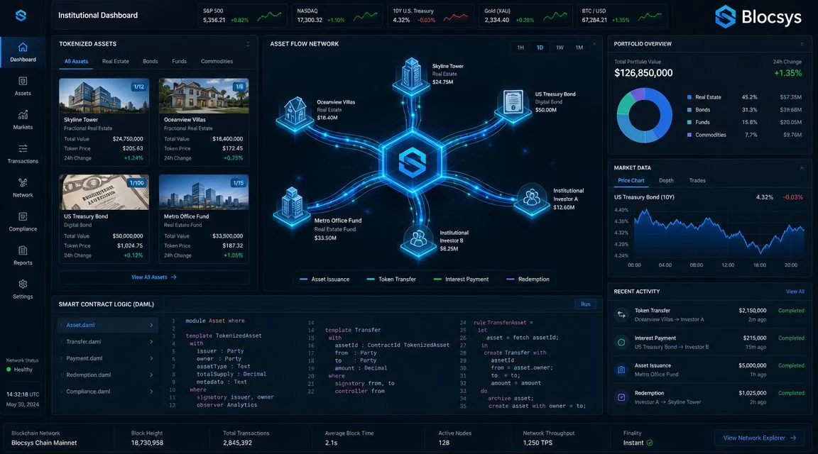 A detailed dashboard interface displaying tokenized assets, asset flow networks, and smart contract code in DAML language.