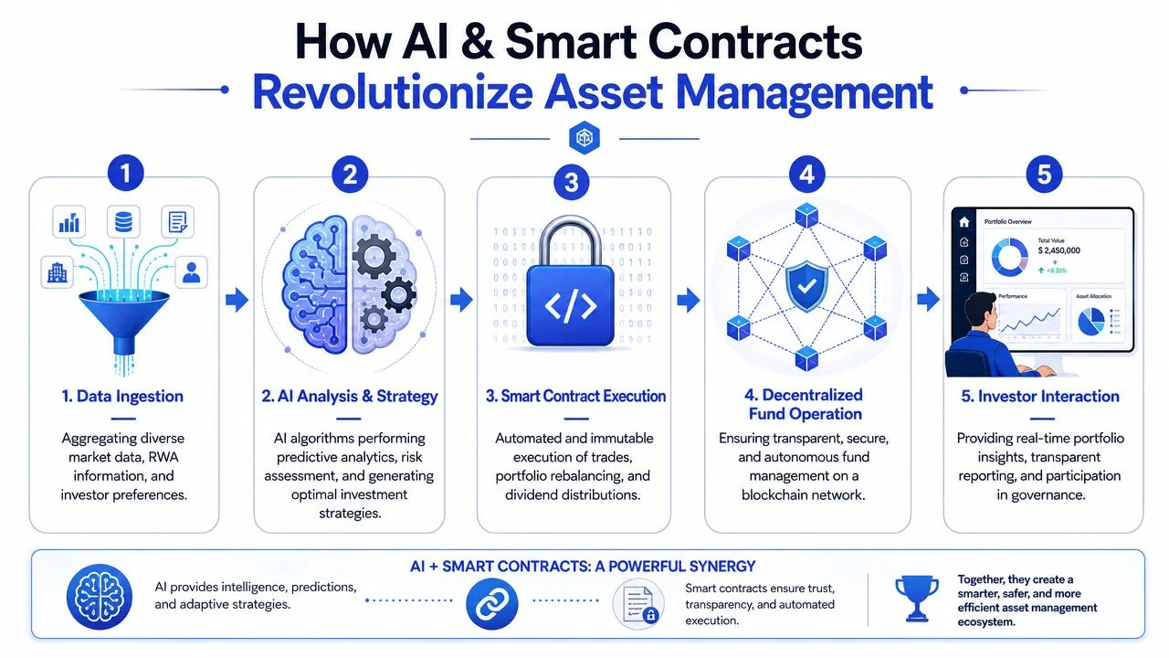 A five-step infographic showing how AI and smart contracts automate and improve modern asset management processes.