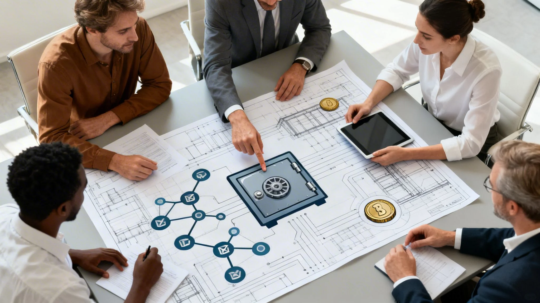 Group of business professionals discussing blockchain security and smart contract development around a table with blueprints and crypto icons.