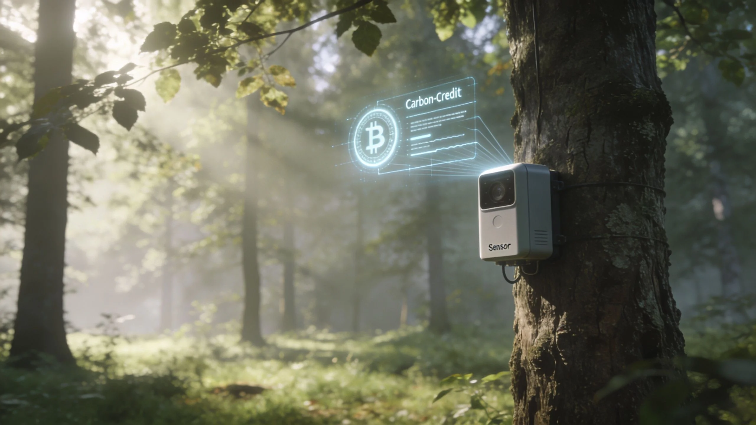 A technological sensor mounted on a forest tree monitoring carbon credits using digital holographic data visualization.