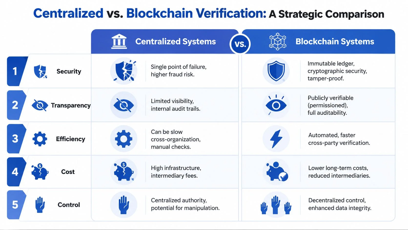 A comparison table outlining the key differences between centralized systems and blockchain verification in business strategies.