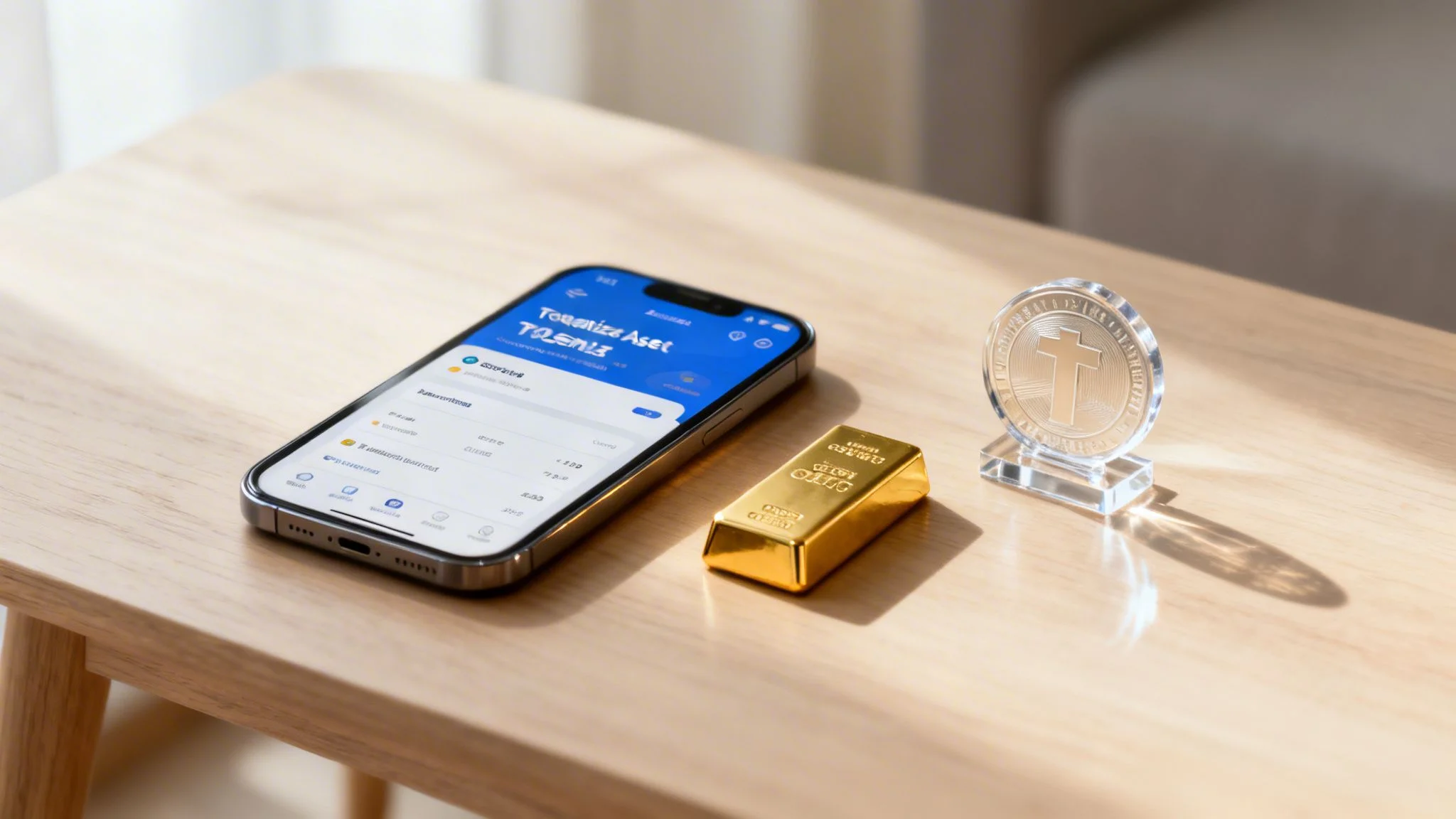 A smartphone displaying a tokenization asset app next to a gold bar and a crypto token.
