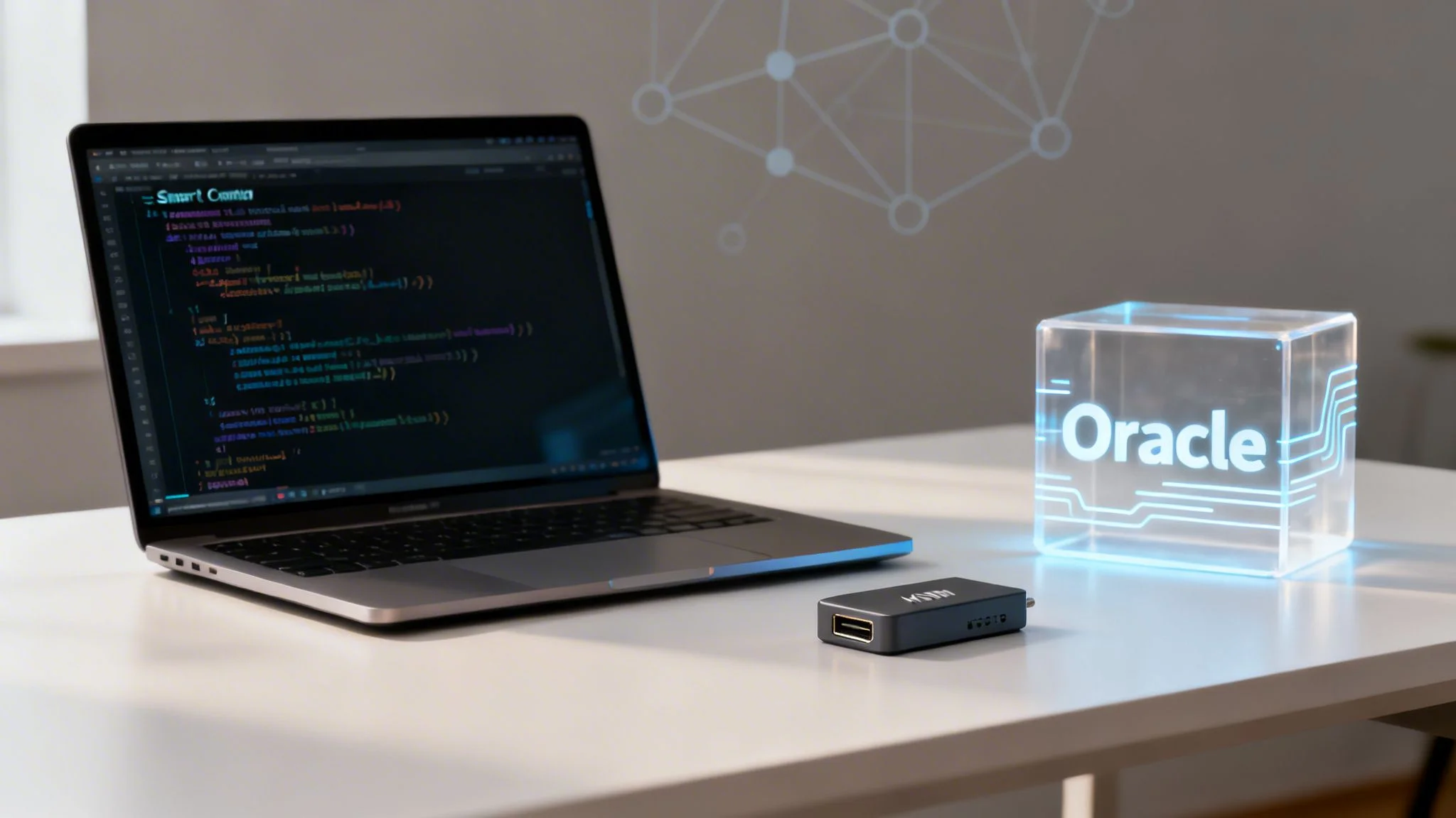 Laptop displaying smart contract code, a black hub, and a glowing Oracle cube with network graphics.