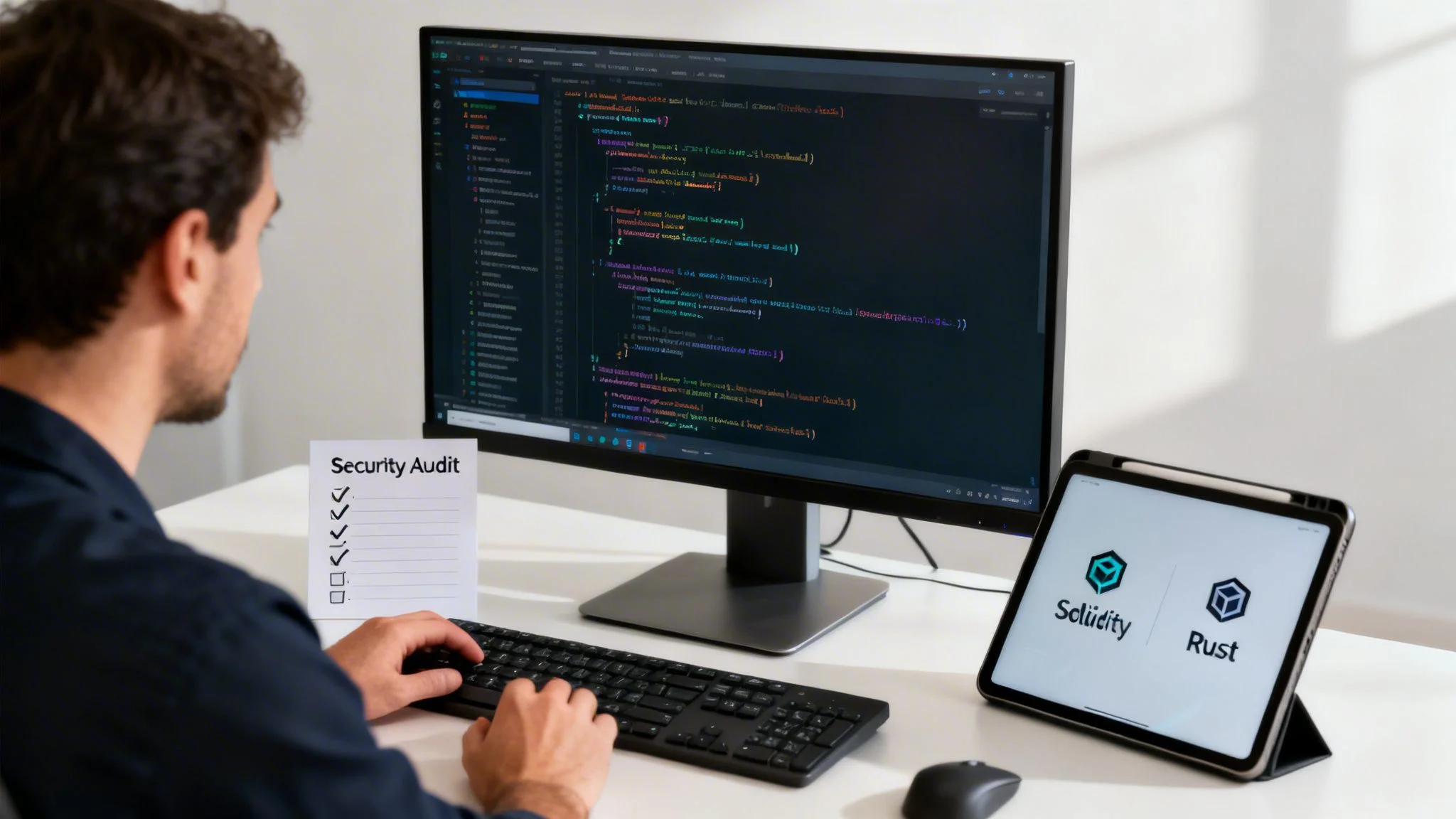 A man codes a security audit on a desktop computer, with Solidity and Rust logos on a tablet.