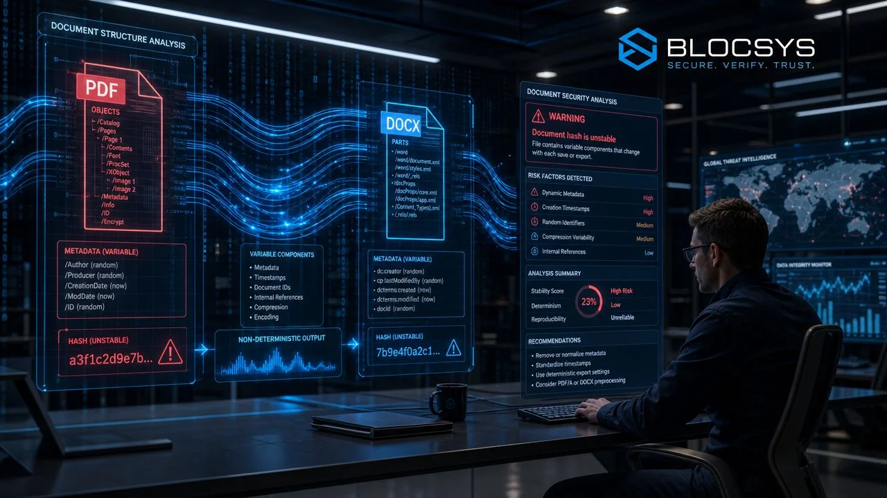 A professional analyzing document security structure and hash stability on a digital dashboard in a modern office.