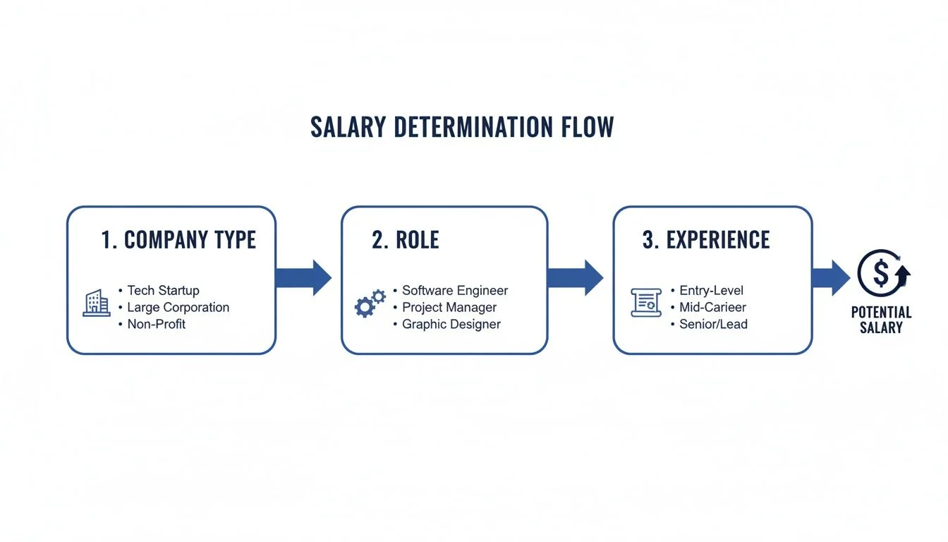 Flowchart illustrating salary determination factors: company type, role, and experience leading to potential salary.