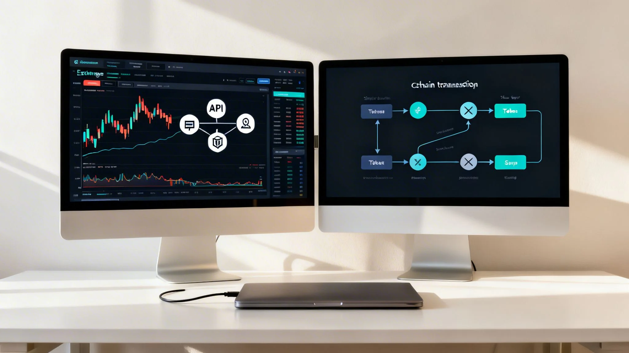 Dual monitors on a white desk displaying cryptocurrency trading charts and a blockchain transaction diagram.