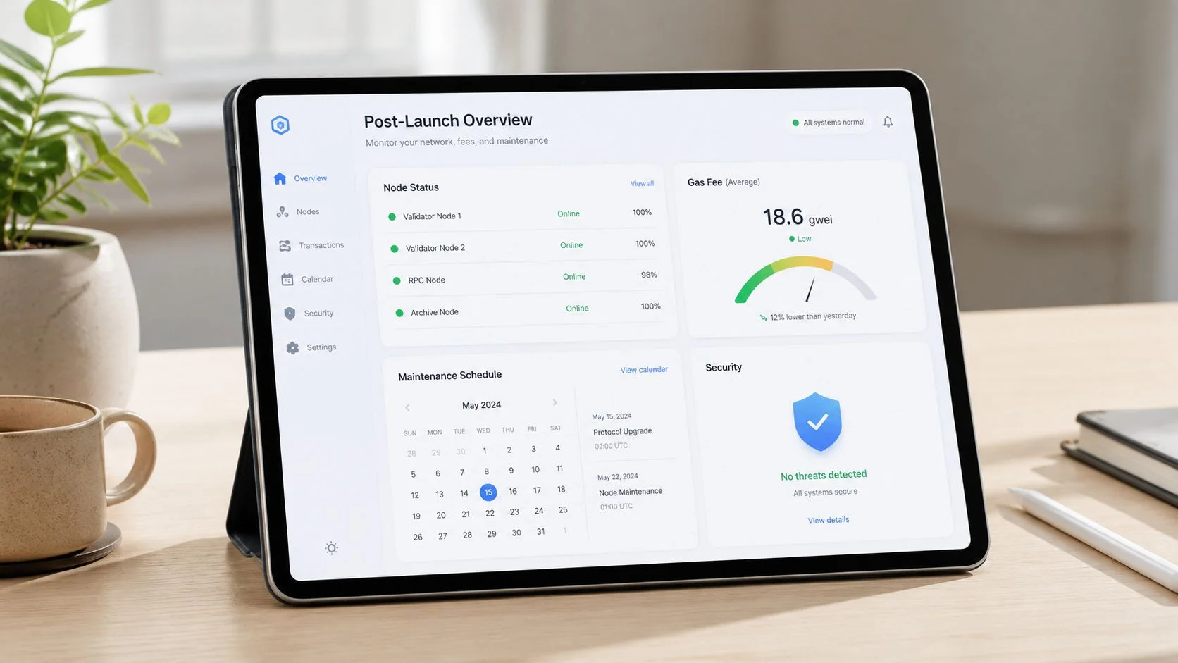 A digital tablet displaying a network dashboard with node status, gas fees, and security monitoring systems.
