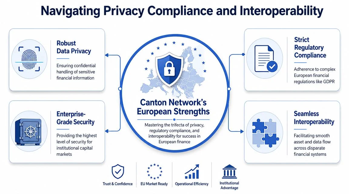 A diagram illustrating how the Canton Network supports privacy, security, compliance, and interoperability within European financial markets.