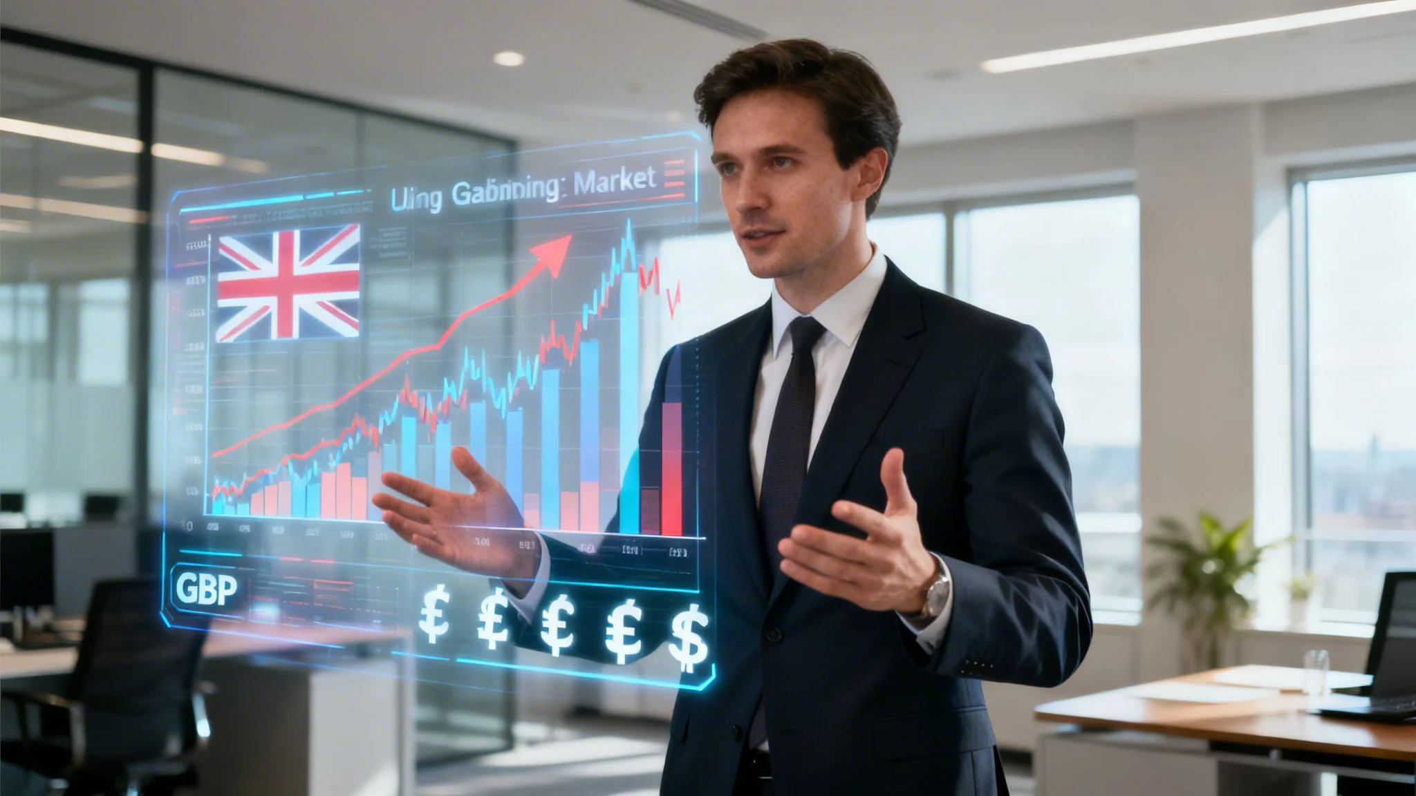 A professional man in a suit presenting financial market data with holographic charts in an office.