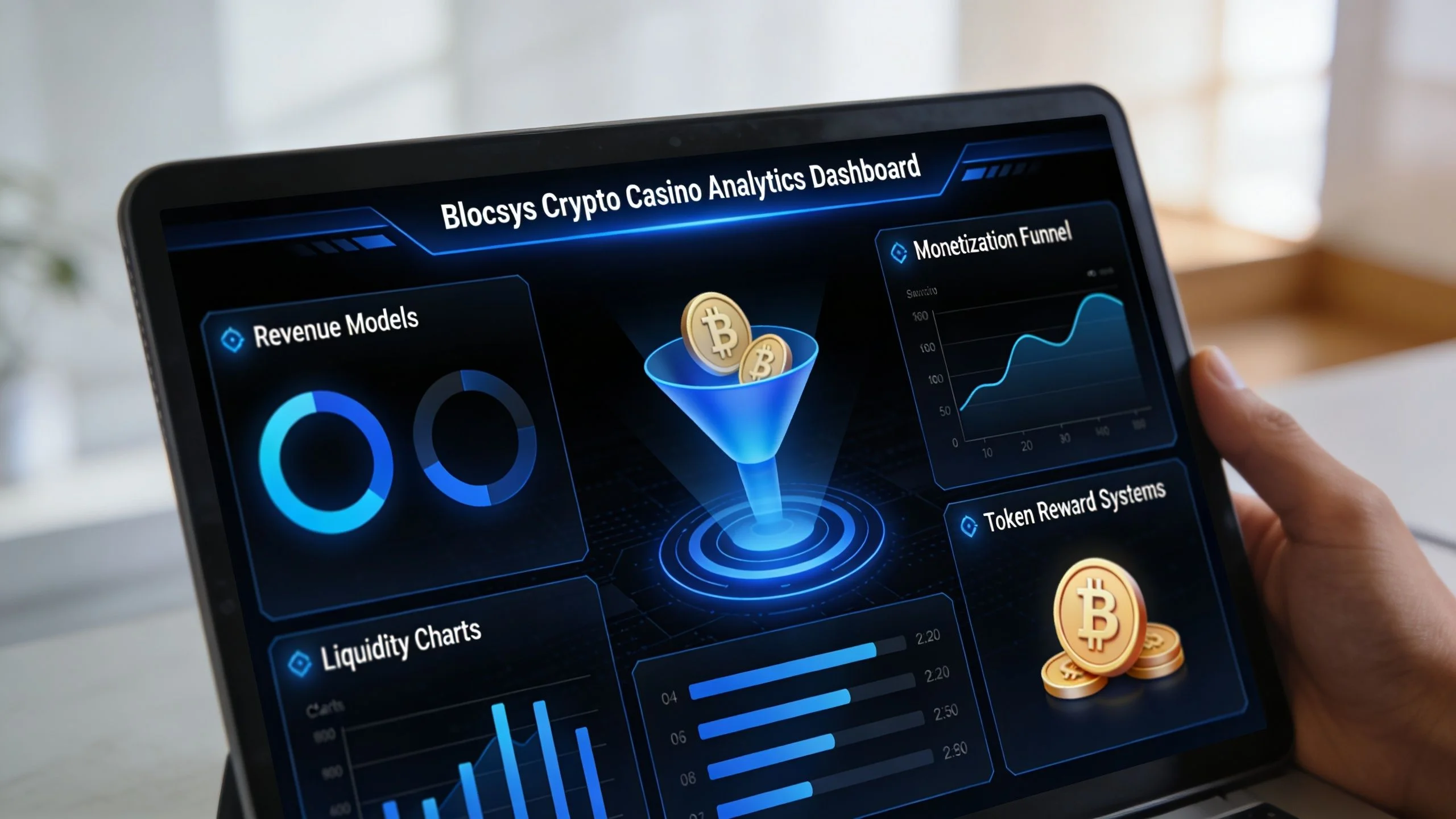 A digital tablet displaying a sophisticated analytics dashboard for a crypto casino development and gambling platform.