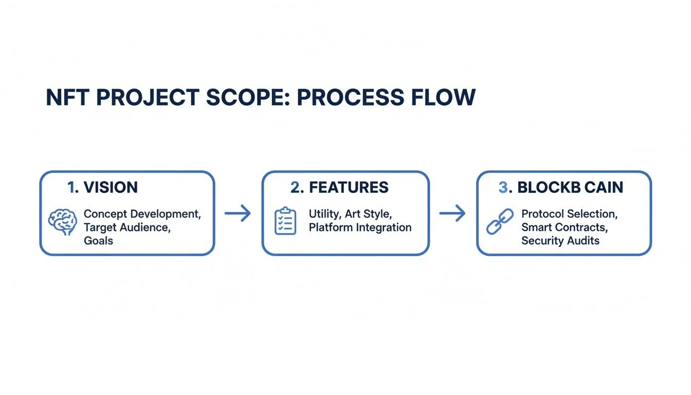 A process flow diagram outlining the NFT project scope, from vision and features to blockchain implementation.