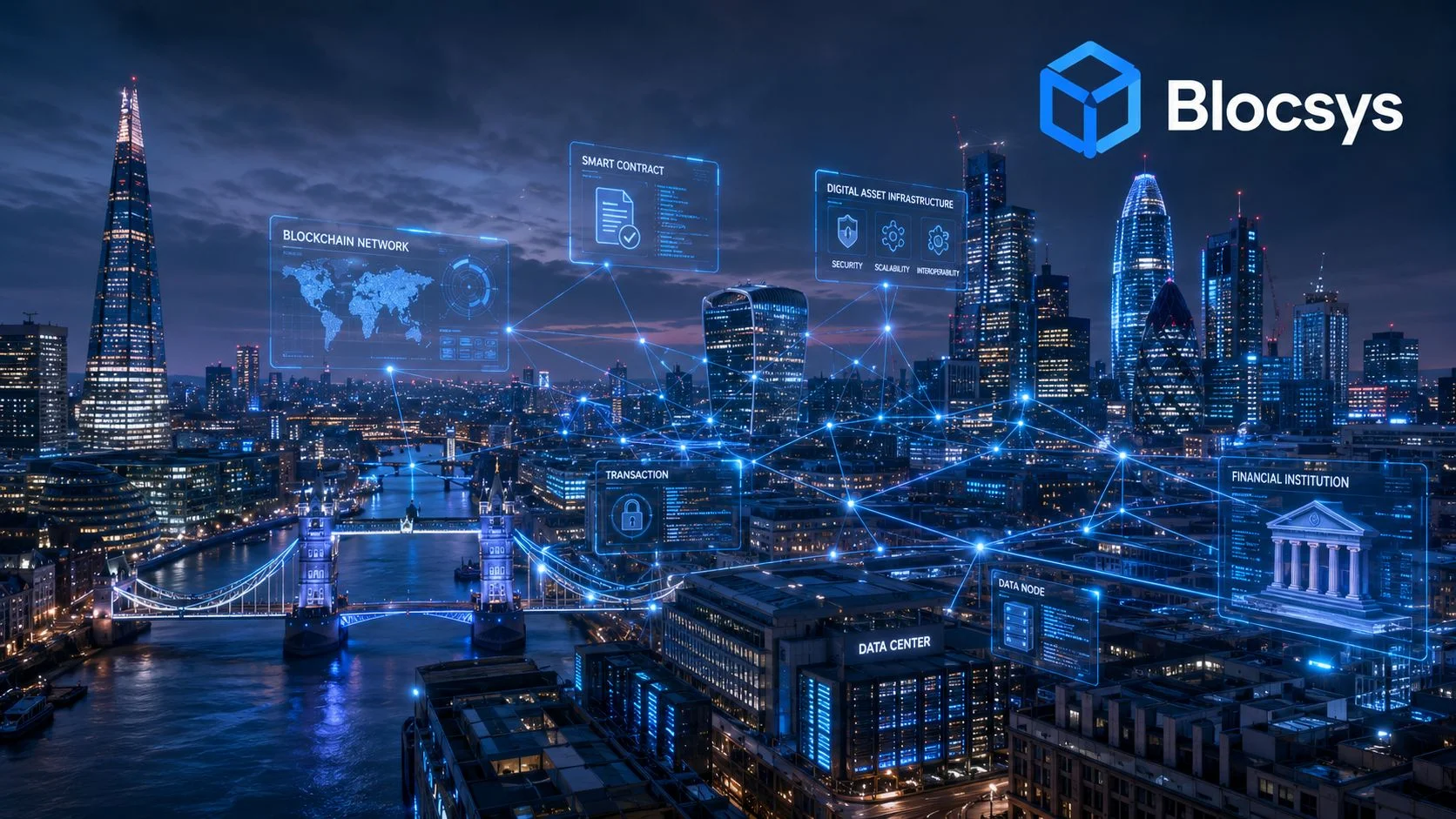 A digital graphic depicting a futuristic London skyline integrated with glowing blockchain network icons and data structures.