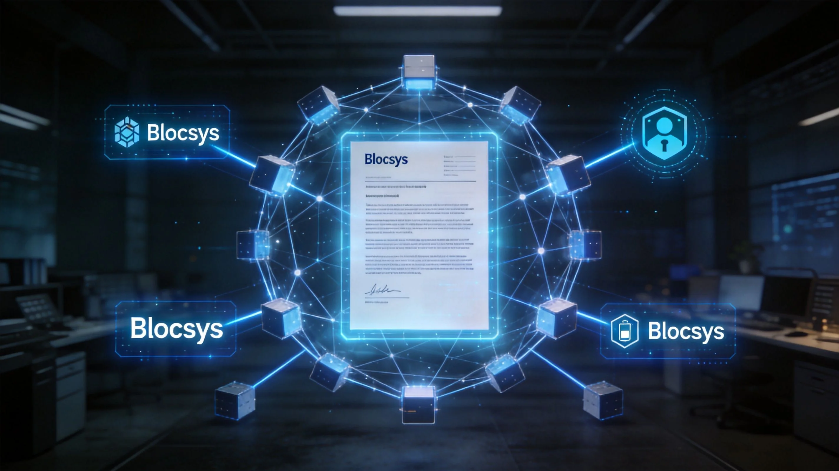 A digital representation of secure blockchain technology protecting a legal document with interconnected data cubes.