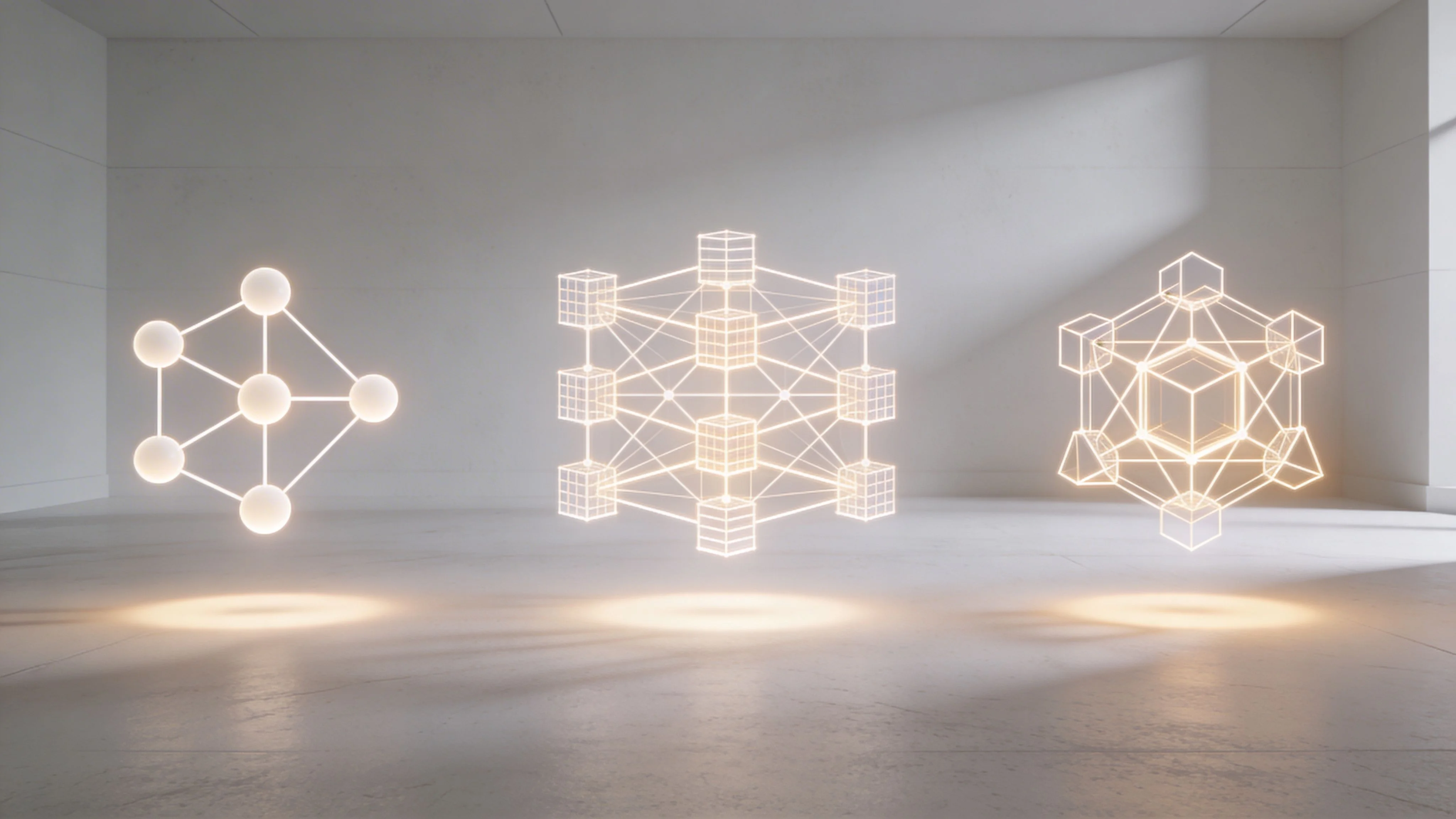 Three glowing geometric abstract visualizations representing network nodes, blockchain structures, and advanced data forecasting algorithms.