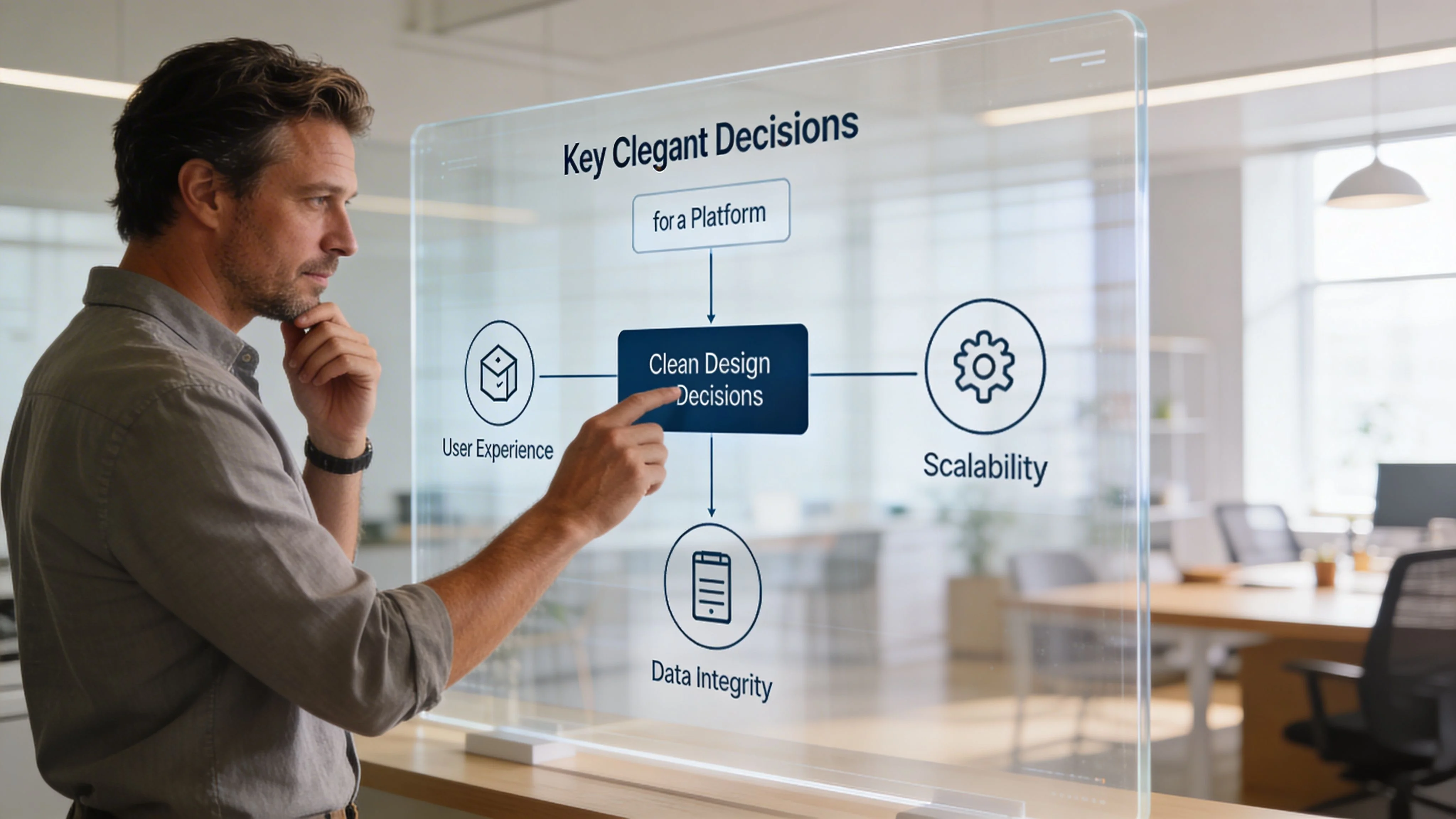 A professional man touches a transparent digital display showing a diagram about key platform design decisions.