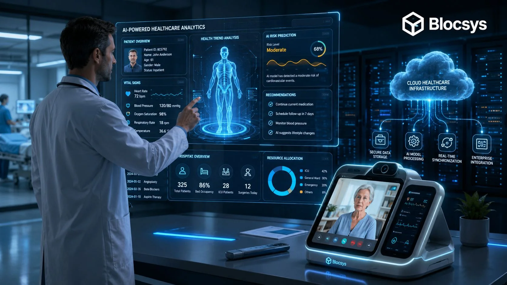 A doctor using an AI-powered healthcare analytics dashboard in a modern hospital setting with cloud infrastructure.