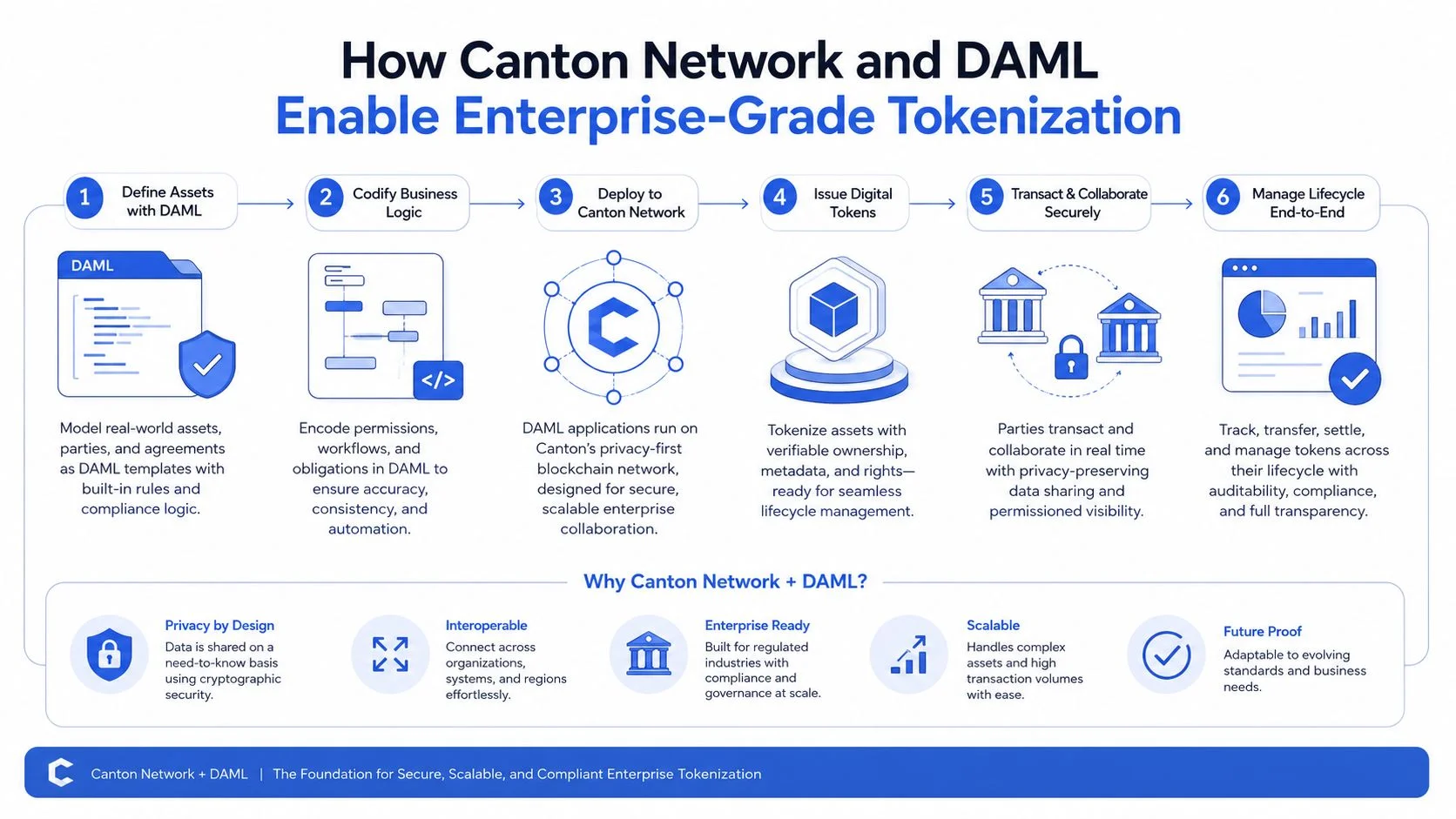 A process diagram showing how the Canton Network and DAML enable secure, enterprise-grade tokenization for businesses.