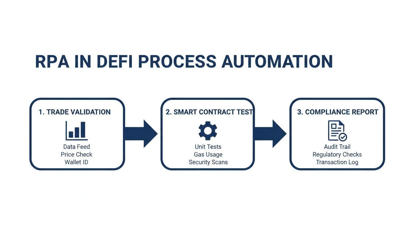 Flowchart depicting RPA in DeFi process automation, including trade validation, smart contract testing, and compliance reporting.
