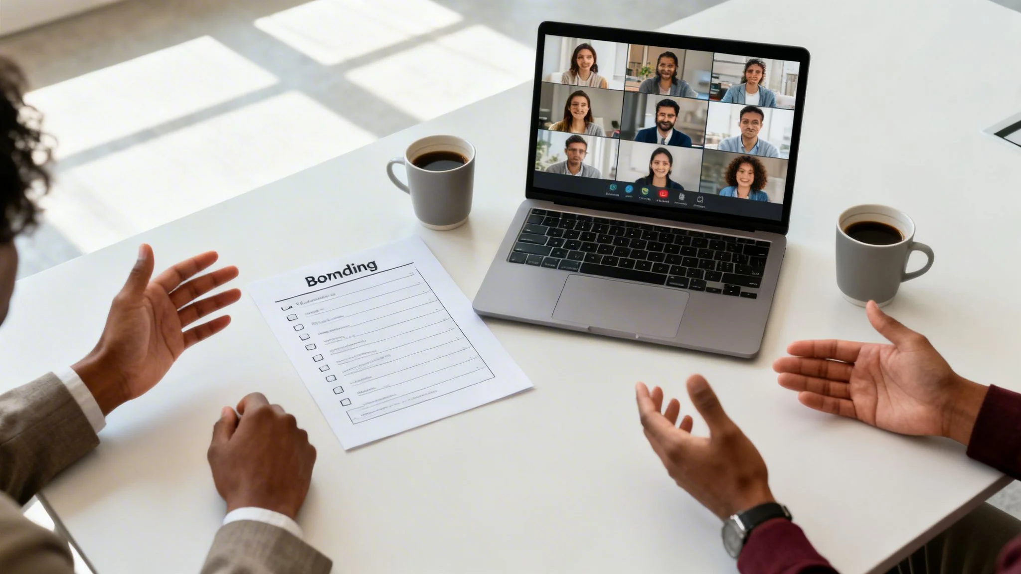 Two people at a desk, engaging in a virtual meeting on a laptop with a checklist.