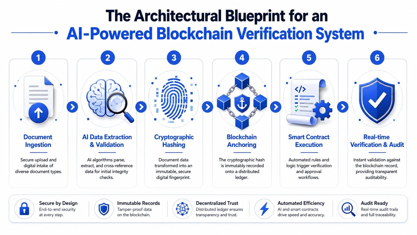 A six-step infographic illustrating the architectural blueprint for an AI-powered blockchain document verification system.