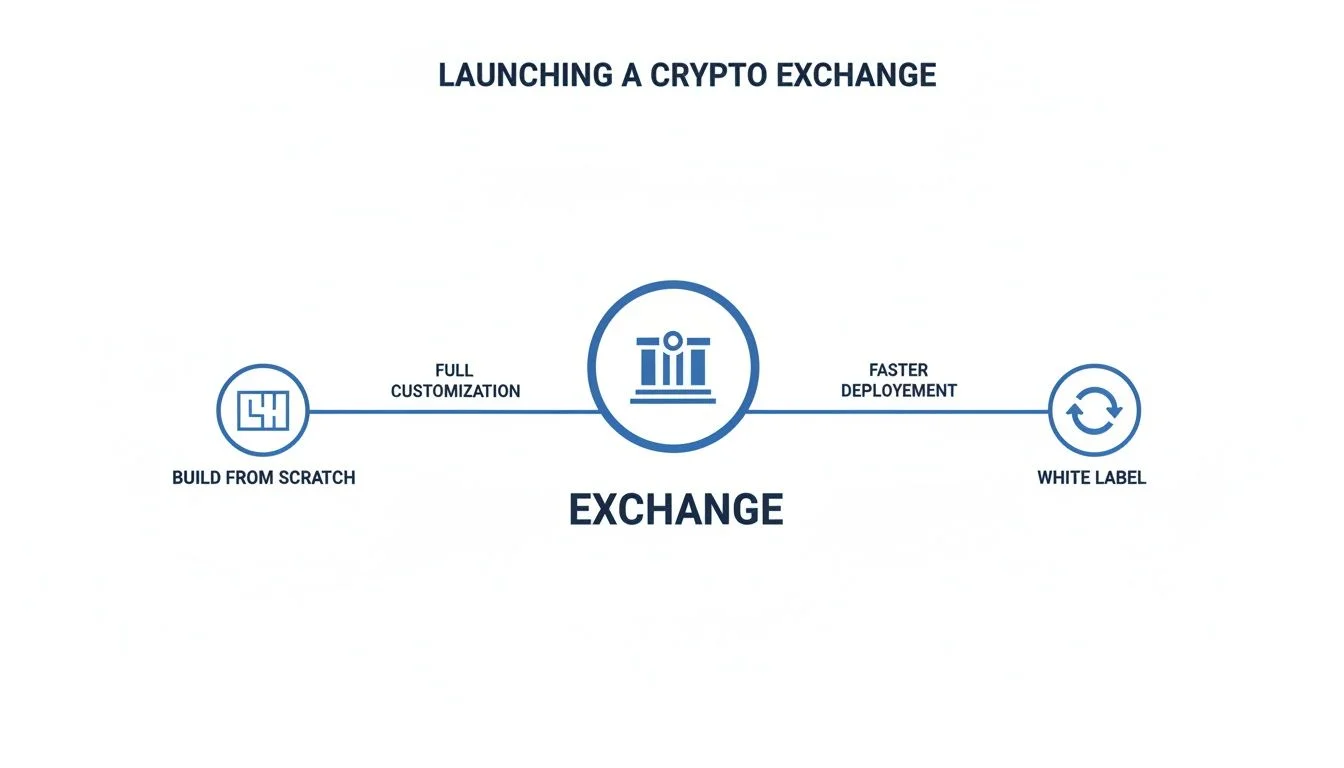 Diagram illustrating options for launching a crypto exchange: build from scratch, full customization, faster deployment, and white label.