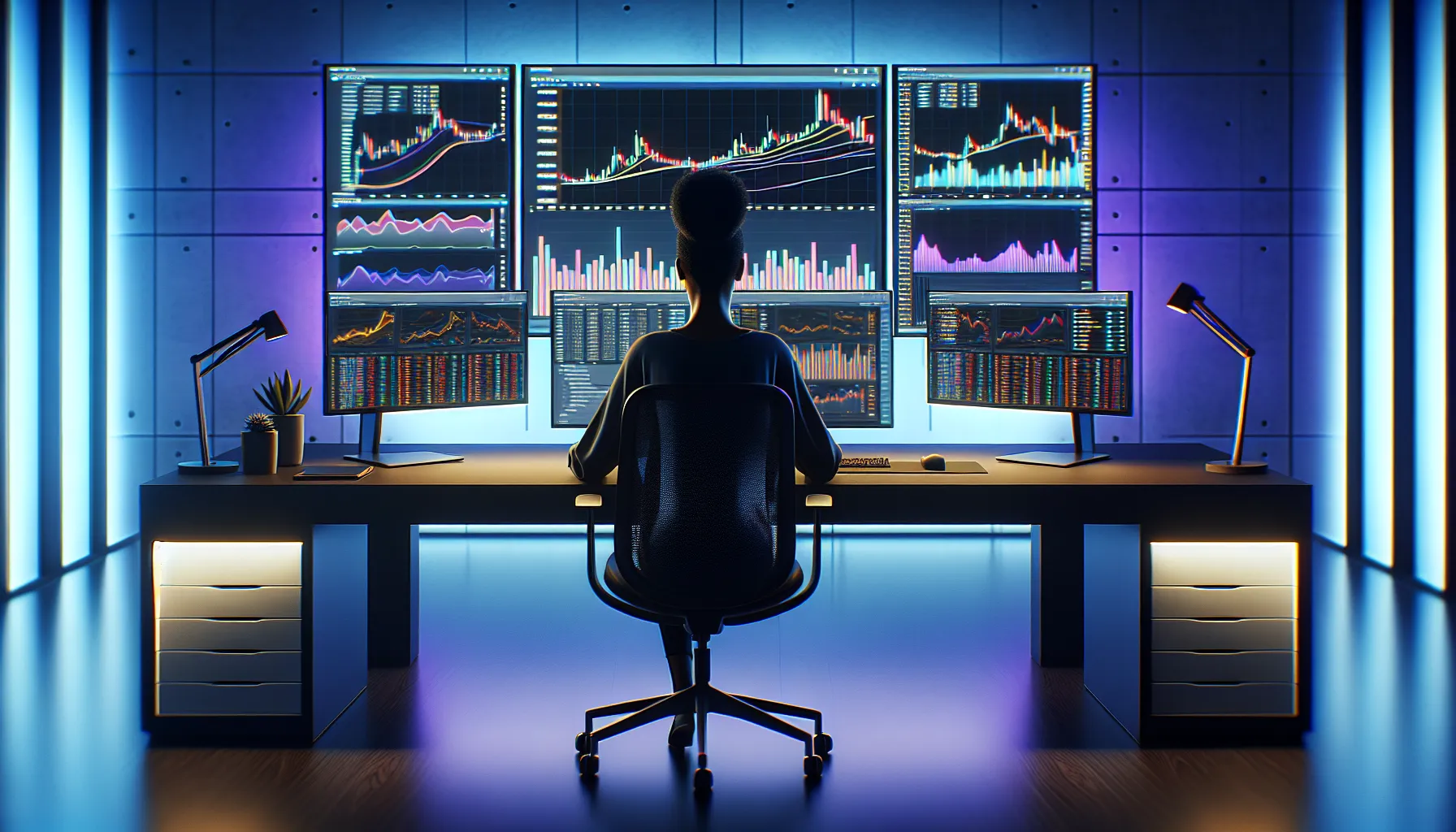 [A person sitting at a modern desk with multiple monitors displaying cryptocurrency price charts, DeFi dashboards, and blockchain analytics tools in a sleek office setting]