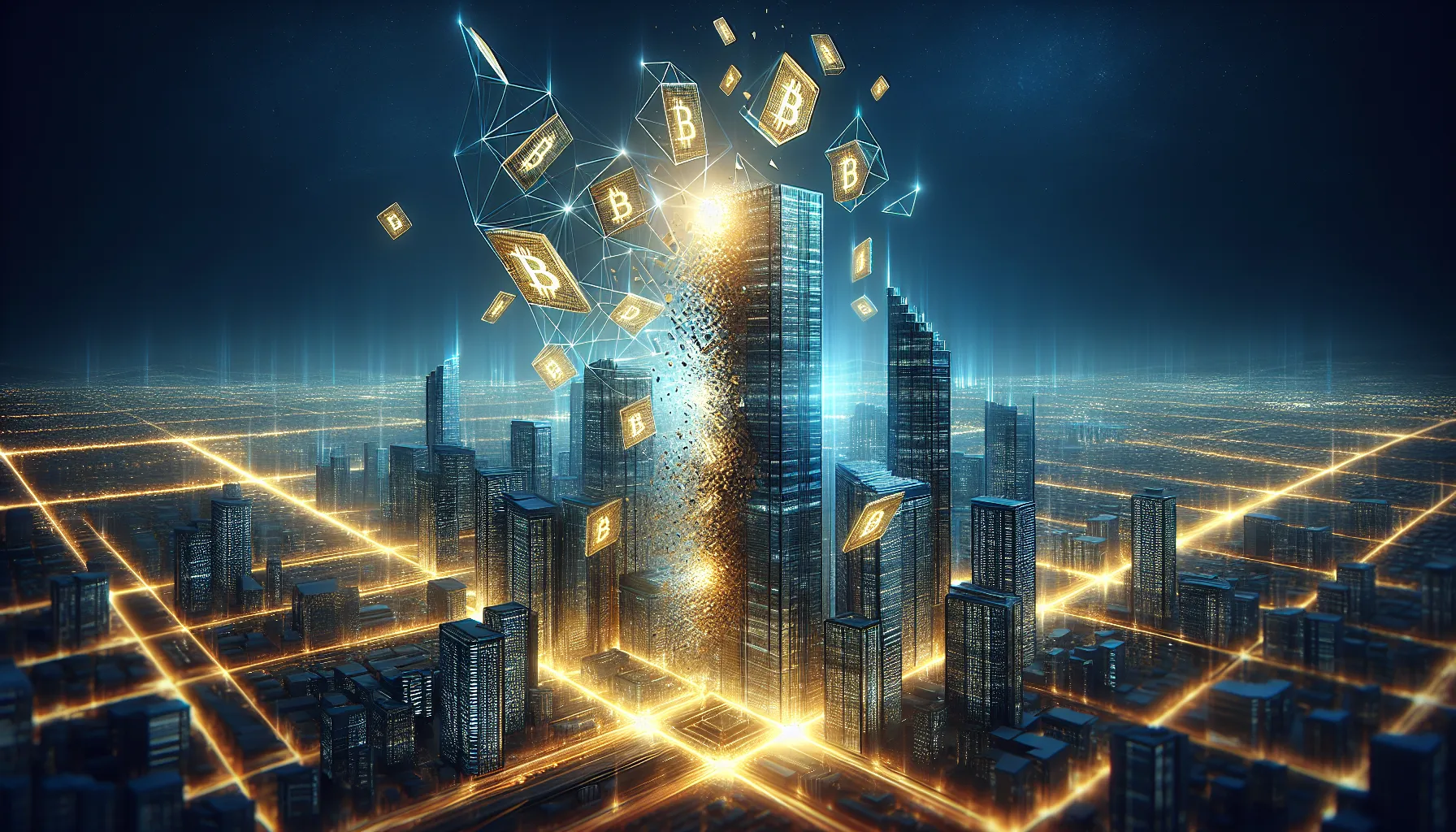 A luxury apartment building visually split into glowing digital token fragments floating above a blockchain ledger interface