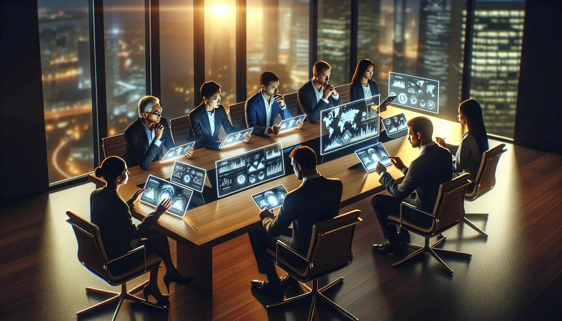 A diverse group of global investors reviewing a tokenized asset portfolio dashboard on tablets and laptops in a modern collaborative office