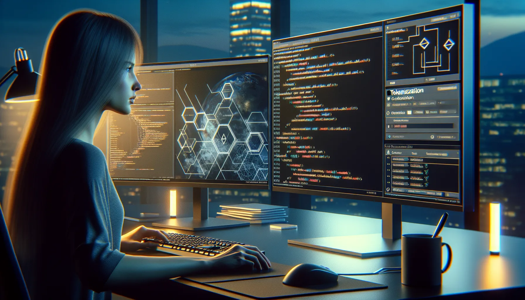 A blockchain developer writing smart contract code on a dual-monitor setup with tokenization workflow diagrams and compliance checklists displayed on screen