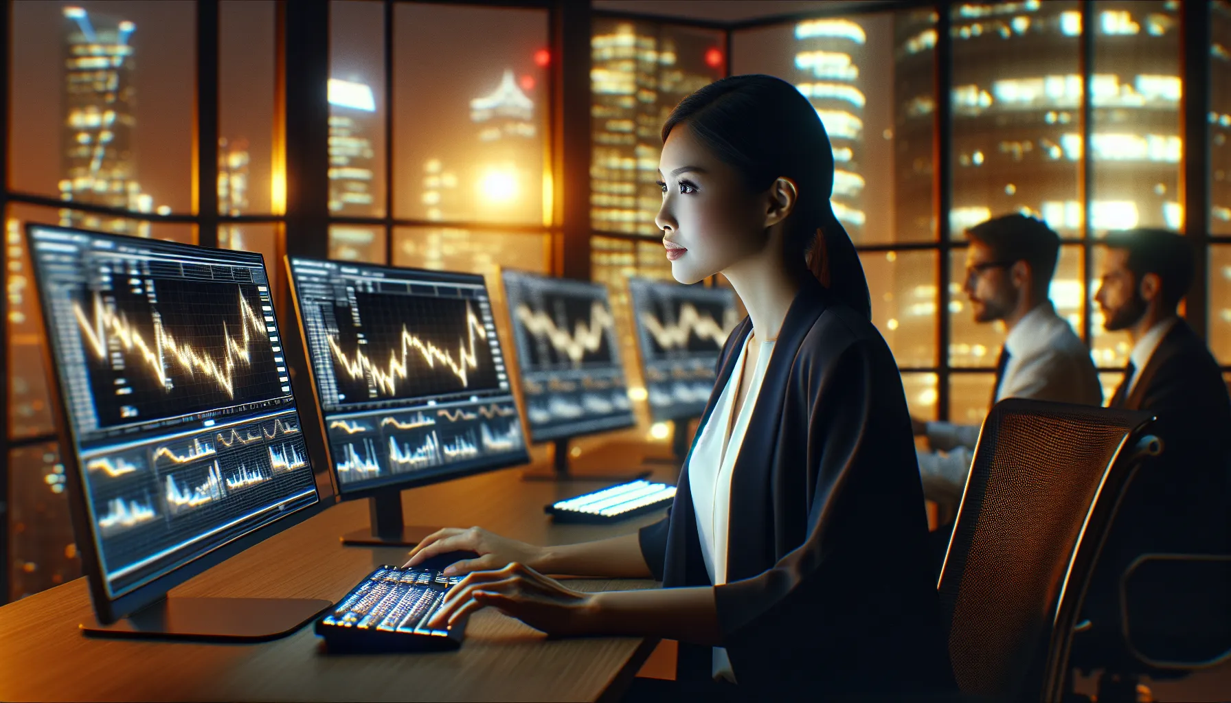 [A professional financial analyst reviewing blockchain transaction data on multiple monitors inside a modern institutional trading floor with city skyline visible through floor-to-ceiling windows]