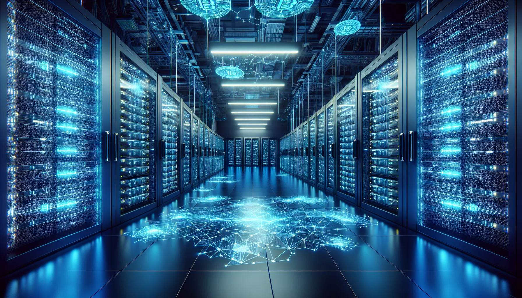[A secure blockchain data center with glowing blue network node visualizations projected onto a glass wall, symbolizing institutional-grade decentralized finance infrastructure and cryptographic security]